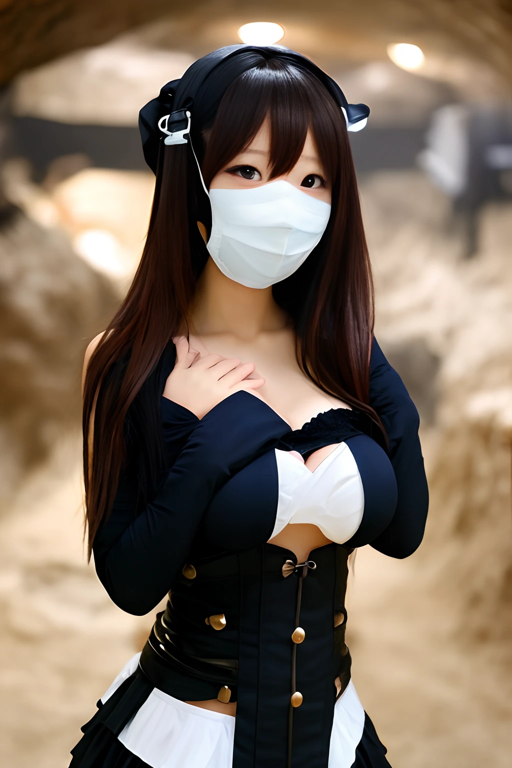 big breastes, very large breasts, wearing a medical mask, in a mine skirt,