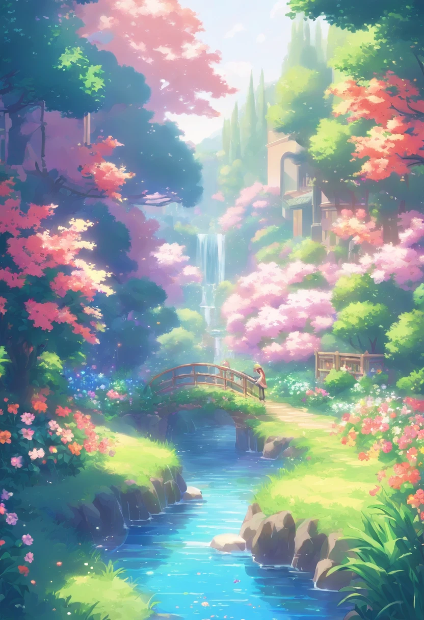 pixelart  Generate an image of a beautiful and serene garden, with colorful flowers, gentle streams, and the sounds of nature. Show the tranquility, the life, and the beauty of a perfect day.