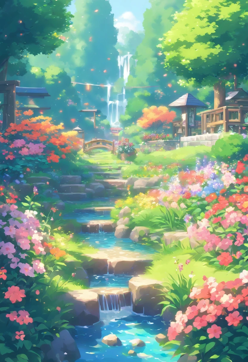 pixelart Generate an image of a beautiful and serene garden, with colorful flowers, gentle streams, and the sounds of nature. Show the tranquility, the life, and the beauty of a perfect day.