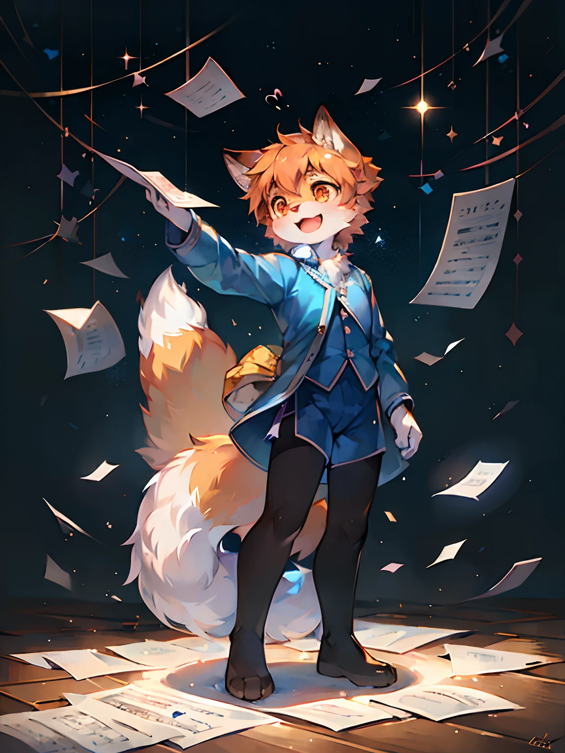 a fox,sky blue shirt,Fluffy tail,adolable,Shota,music sheets,are standing,There is light in the eyes,Scattered paper,Scattered paper floated in the air,Crystal pupils,shinning eyes,starlights,As estrelas,glitters,Orange pupils,Confident laughter