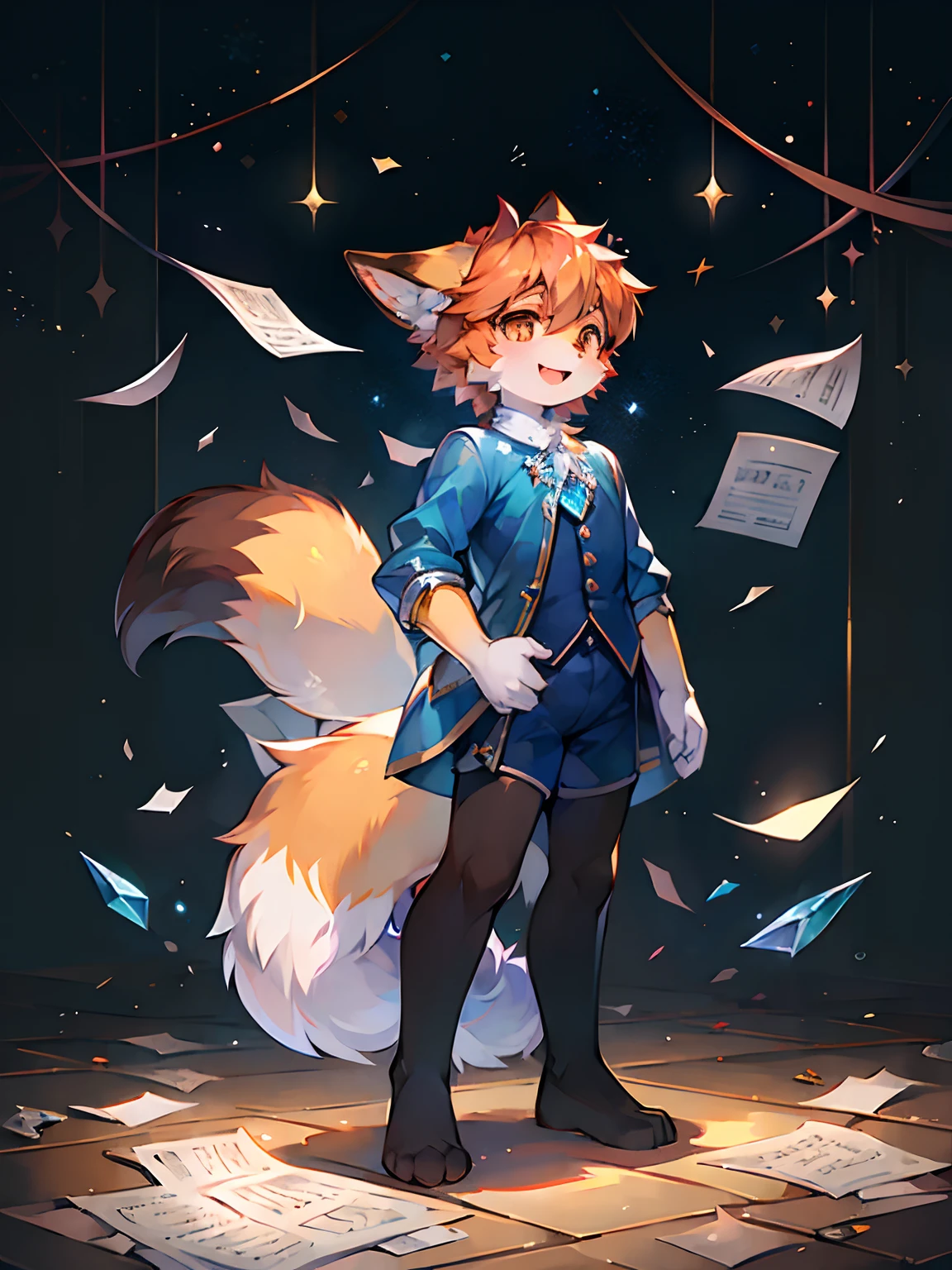 a fox，sky blue shirt，Fluffy tail，adolable，Shota，music sheets，are standing，There is light in the eyes，Scattered paper，Scattered paper floated in the air，Crystal pupils，shinning eyes，starlights，As estrelas，glitters，Orange pupils，Confident laughter