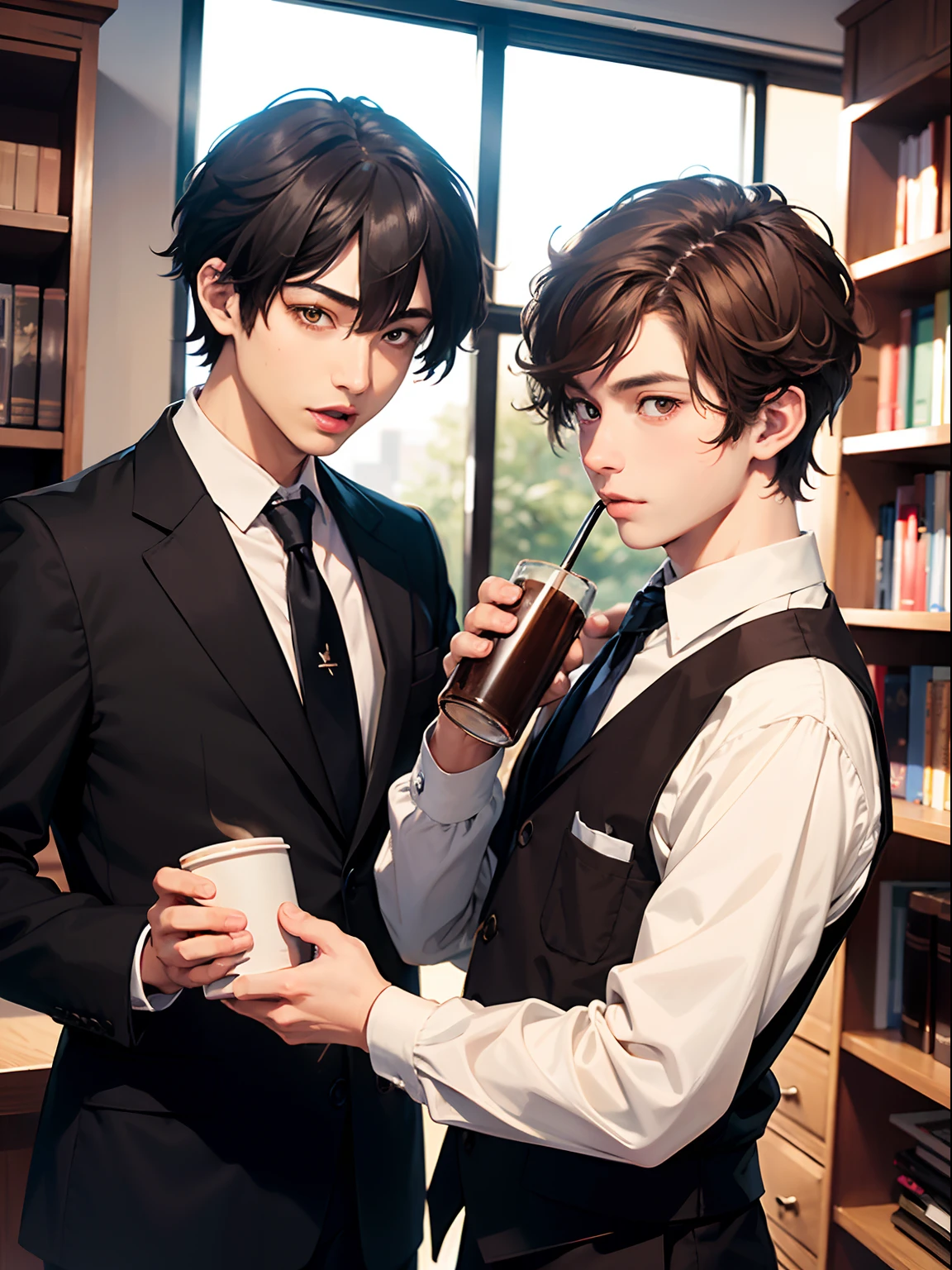 2boys,11 only、(Man's :2),(bobhair:1.5)、A dark-haired、Brown hair、Drinking coffee、chum、Brightly colored ties、Cluttered library、Twilight,Natural lighting、hightquality、masutepiece,8K,hight resolution、