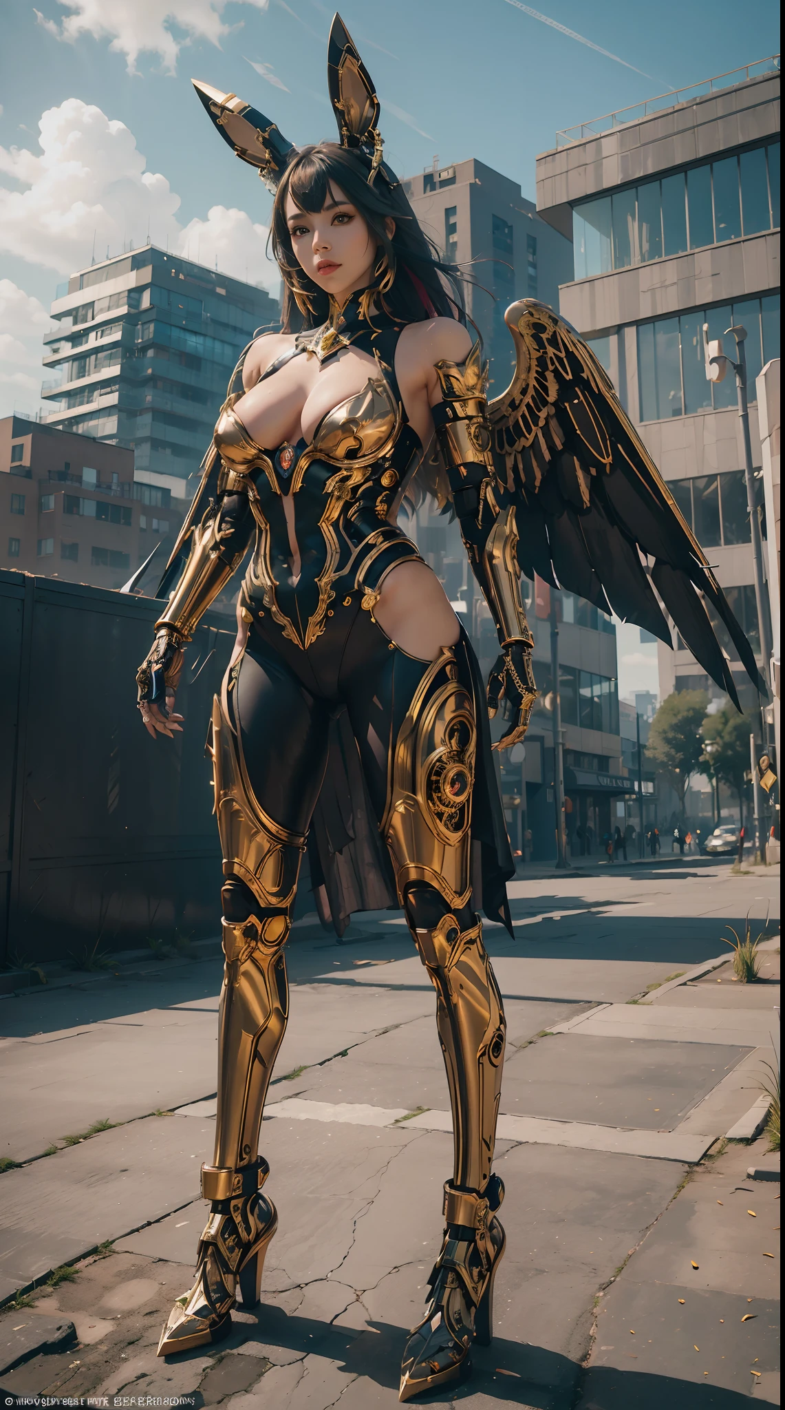 wide wide shot,(Best quality,Masterpiece:1.2),(cyborg people), Rabbit ears,Colored hair,(She has a pair of huge feathered wings behind her shoulders),gold,perfectly proportions,(Her metal mechanical limbs),(Footwear),Slim,Shiny metal。(Facing the lens,Central symmetry),standing on your feet,(futuristic street),Vibrant colors,The lighting is dramatic, Bright areas contrast strongly with deep shadows, creating a sense of depth and dimension. The overall composition is vibrant and captivating, Grace, There is also a touch of mystery.