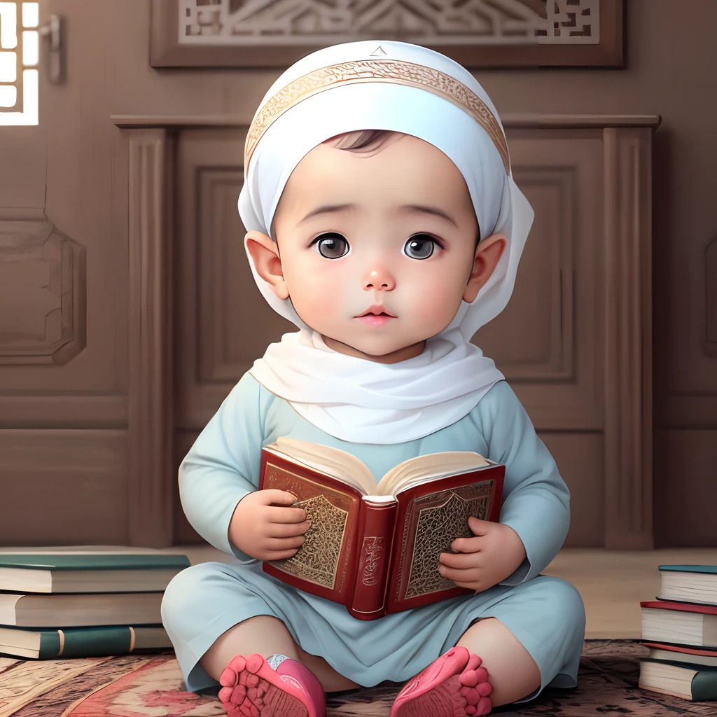 A muslim boy with open eyes looking in the camera with book al quran hand, mosque classic background