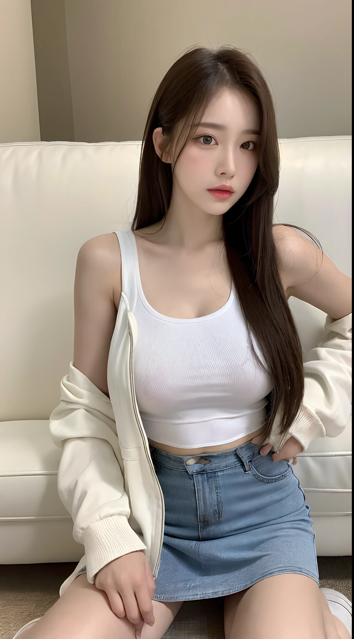 (Lifelike, A high resolution:1.3), 1 girl with a perfect body, Super fine face and eyes,long whitr hair, Tank top of random colors:1.2, JK skirt, white straitjacket,Bigboobs,Show originals,sitting in the couch