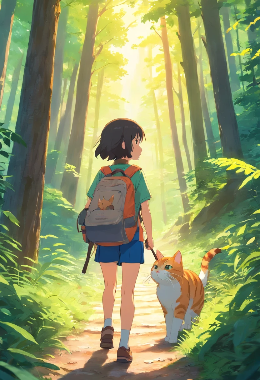 A 6--old l carrying a hiking bag, On a forest path, Face the lens, A round-eyed cat followed, Far Mountain, the woods.