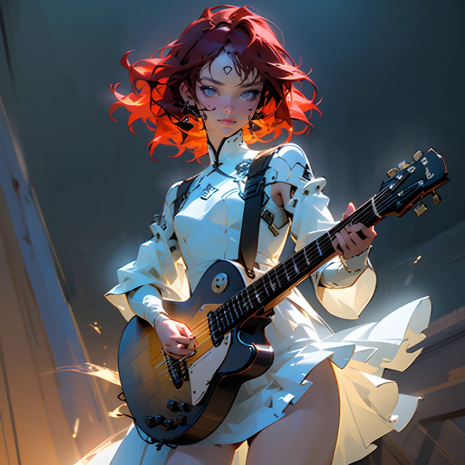 (Extremely detailed), (Ultra-detailed), Realistic, In a small live music club, Full body shot, Various lighting effects used in live concerts, (Photos with motion blur from moving subjects), 17 years old girl, guitarrist, highly detailed electric guitar, Wearing a white dress that transmits light, (Ultra-detailed face and dark blue eyes), Beautiful face, Beautiful skin, Glaring face, Red hair, Short hair, Wavy Hair, flat chest, Basking in the light from behind, Lens Flare, Generate images with the movement of the subject captured in the scene