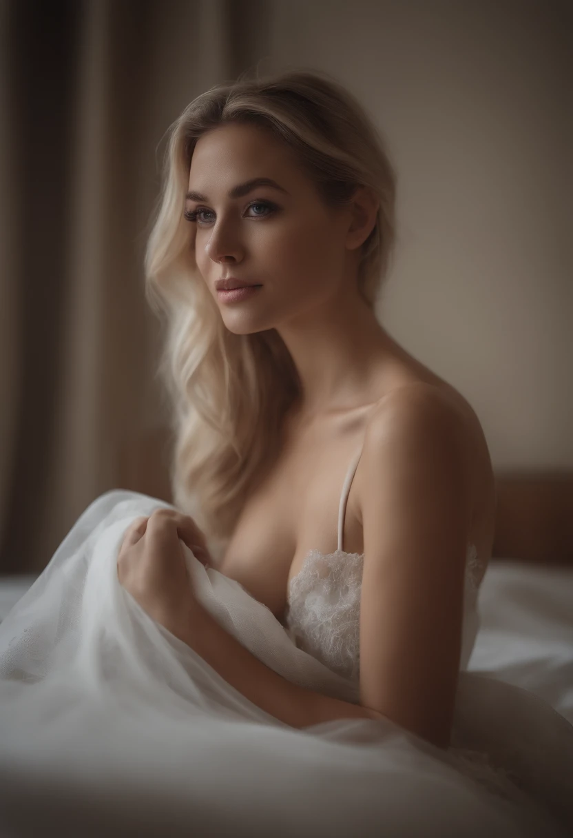 arafed woman fully , girl with brown eyes, naked, ultra realistic, meticulously detailed, blond hair and large eyes, selfie of a young woman, dubai eyes, violet myers, without makeup, natural makeup, looking directly at the camera, face with artgram, subtle makeup, stunning full body shot kneeling on bed, in bedroom, medium to large size bust