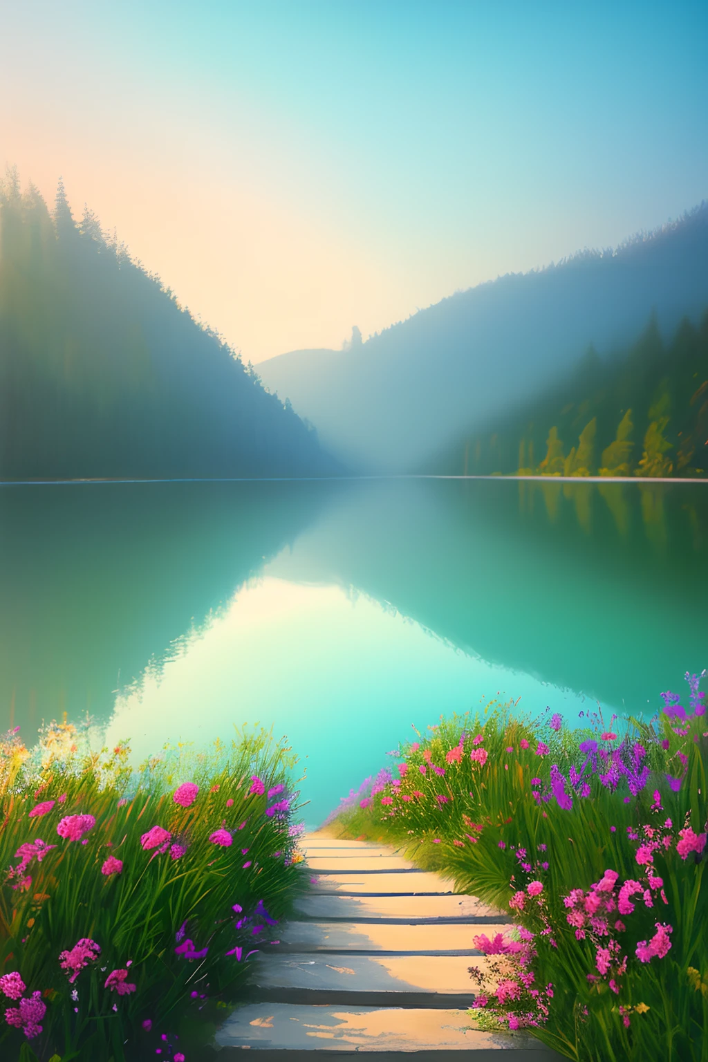 masterpiece, best quality, high quality,extremely detailed CG unity 8k wallpaper, A tranquil and peaceful scene, featuring a serene lake nestled among rolling hills and surrounded by a verdant forest, with a misty morning fog that adds an air of mystery and enchantment, artstation, digital art, intricate, trending, muted colors, artstation, digital illustration, intricate, trending, pastel colors, oil paiting, award winning photography, Bokeh, Depth of Field, HDR, bloom, Chromatic Aberration ,Photorealistic,extremely detailed, trending on artstation, trending on CGsociety, Intricate, High Detail, dramatic, art by midjourney