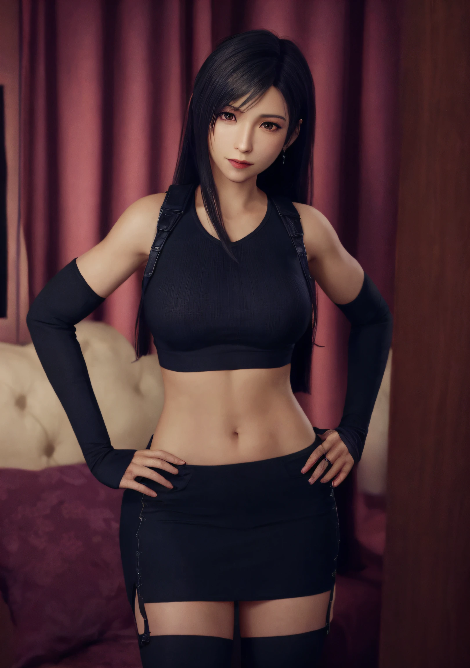 tifa lockhart do FF7 Remake, corpo perfeito, Textura ultrarrealista, rosto detalhado, rosto angelical, smiling expression, Makeup bug fix, 8k