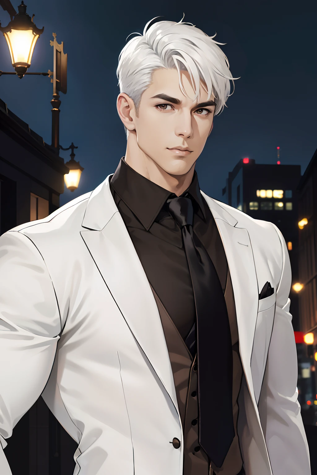 (absurdres, highres, ultra detailed, realistic, ), 1 male, solo, adult, mature, tall muscular guy, broad shoulders, handsome, very short hair, white hair, brown eyes, angular jaw, thick neck, thick eyebrows, night, dark, the night view of the city background, formal suit, necktie, upper body
