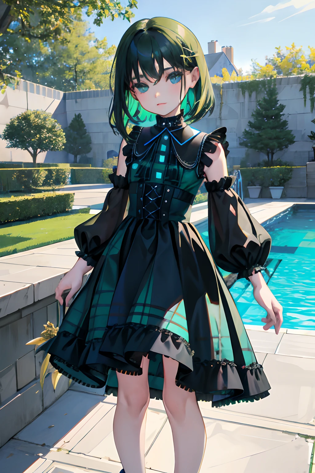 Standing,Knees,Curtsey,lift up one's skirt,(child:1.4),(masterpiece,Highest Quality),(Blue-green goth spank,Burberry Plaid),Sleepy face,A dark-haired,swimming pools