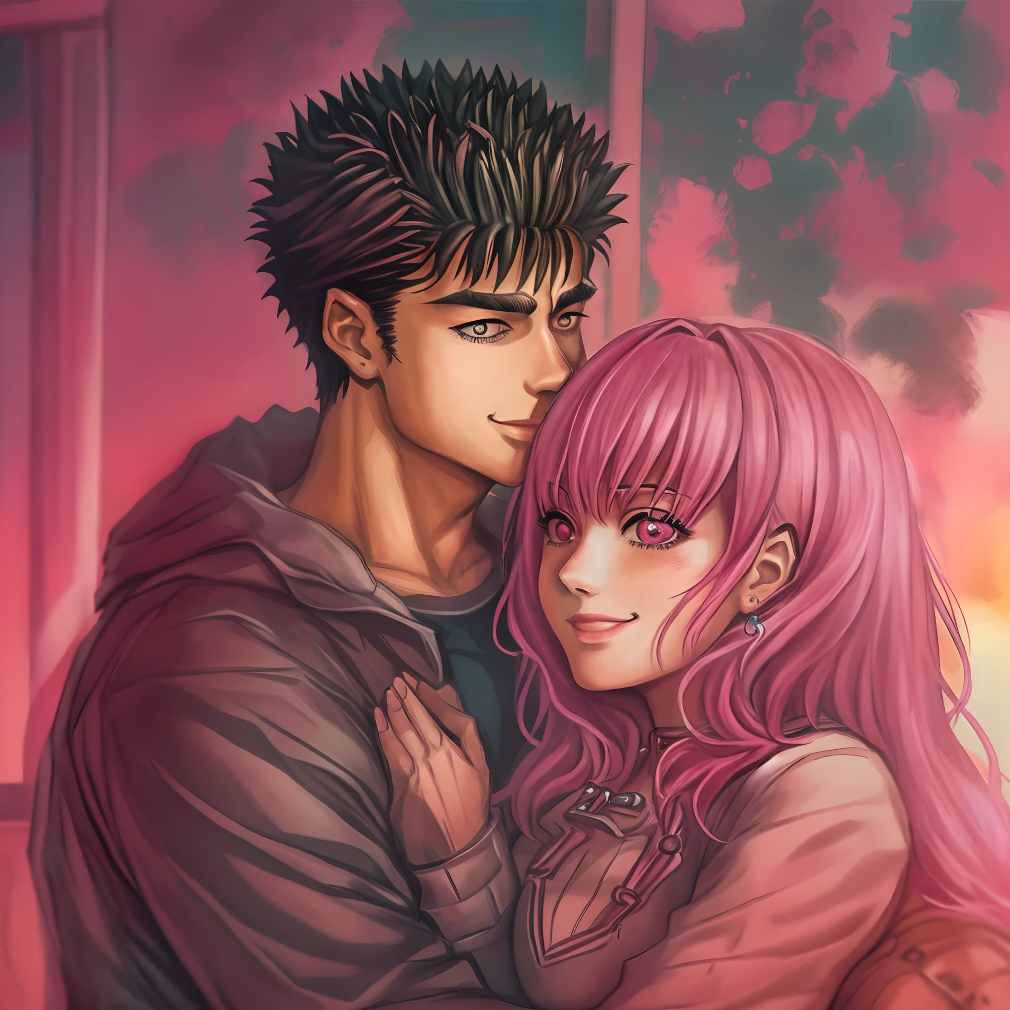 riamu,guts,couple,husband and wife,love dovey couple,sitting,hug,kiss,smile,(best quality,4k,8k,highres,masterpiece:1.2),ultra-detailed,(r1.37),portraits,vivid colors,warm tones,soft lighting, kissing
