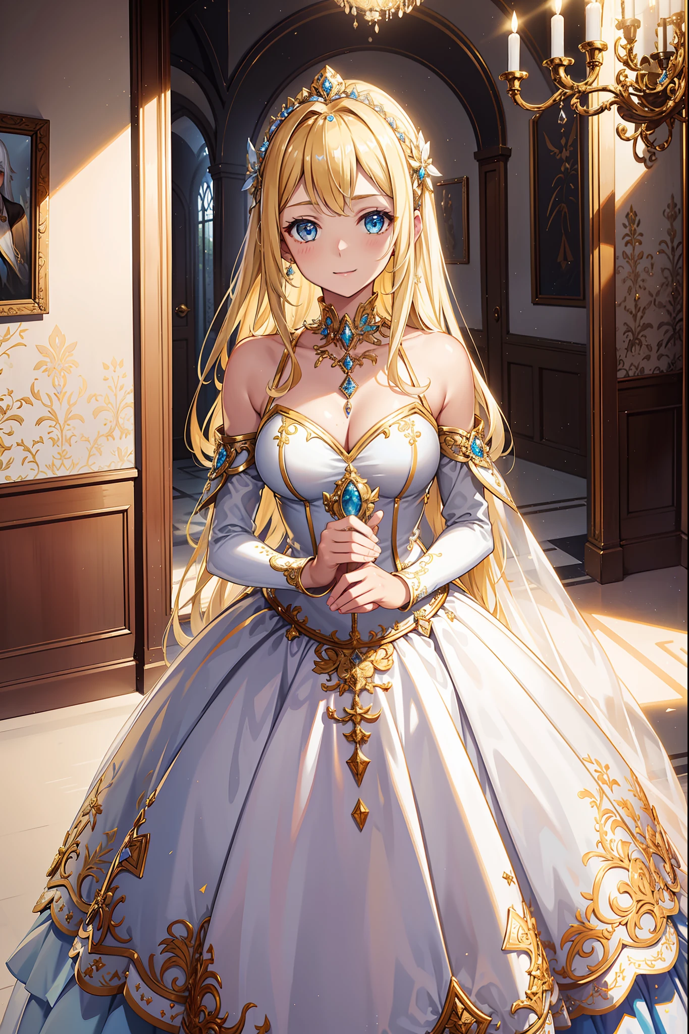 s girl，divino，Enchanted，Enchanted，blond hairbl，having fun，Being in love，White and yellow princess dress，Silver crown，intricate detailed clothes，(Diamond decoration)，Royal motif，swim wears，inside in room，(Shine:1.2), (Best quality), (Masterpiece:1.2)，Beautiful detailed face