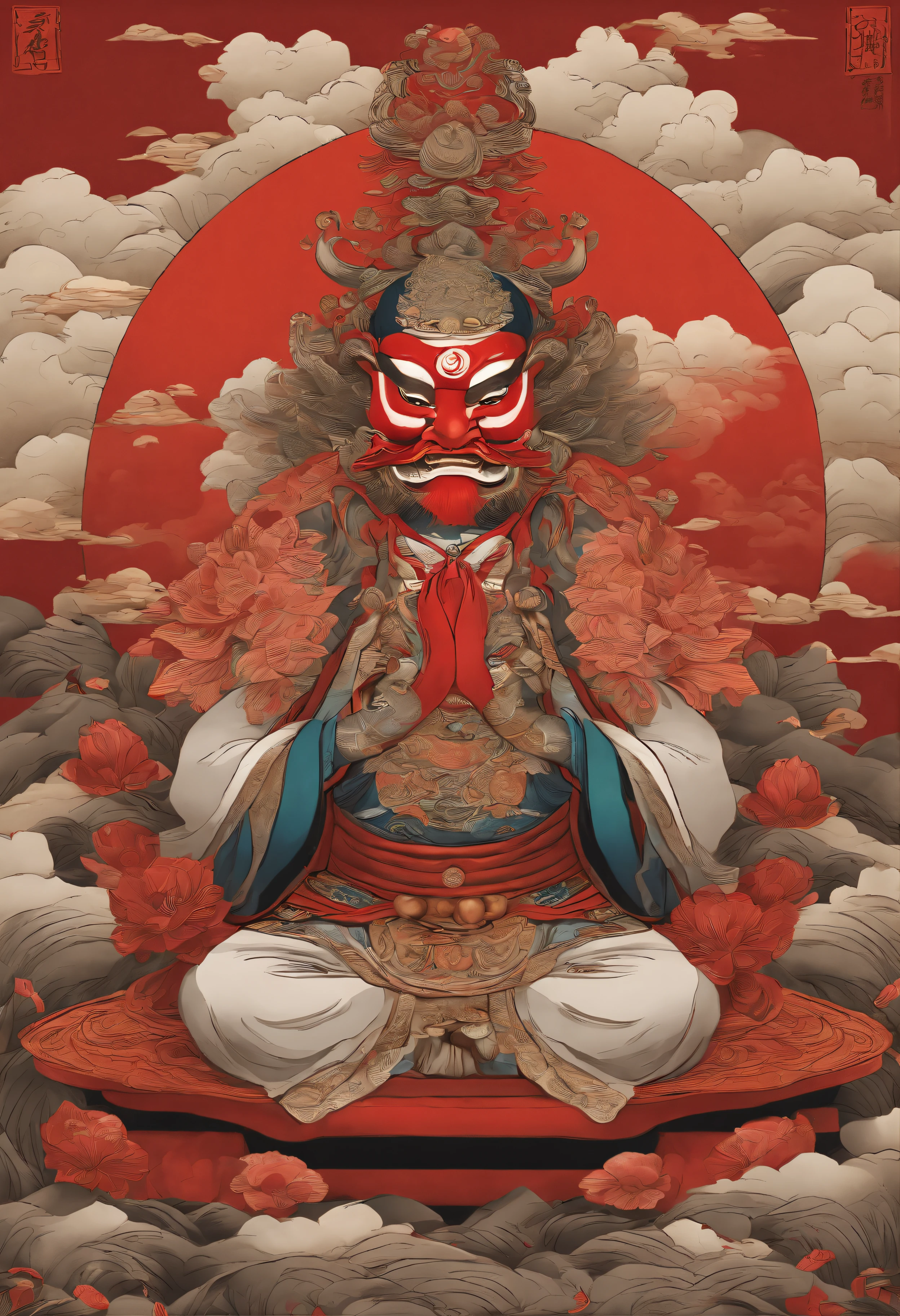 Japan myths,Tengu Warrior, Tengu Japan Kannon, Inspired by India, Sugasa,Sugasa hat, Red Mask, long snout, Nose together, serene expressions, shui mo hua, lotuses, chinese painting style, Thangka style