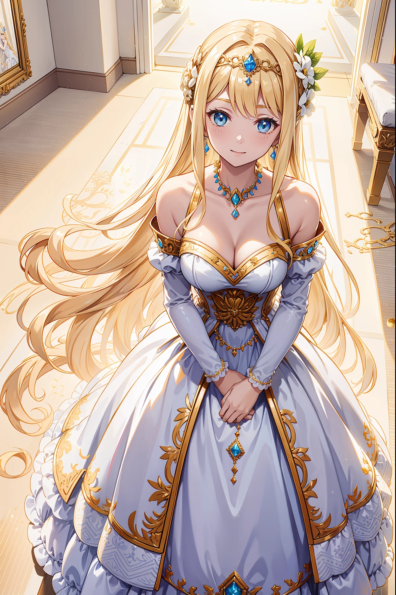 teens girl，divino，solo person，Enchanted，blond hairbl，having fun，Being in love，White and yellow princess dress，Silver Crown，intricate detailed clothes，(Diamond decoration)，Royal motif，swim wears，inside in room，(Shine:1.2), (Best quality), (Masterpiece:1.2)，Beautiful detailed face