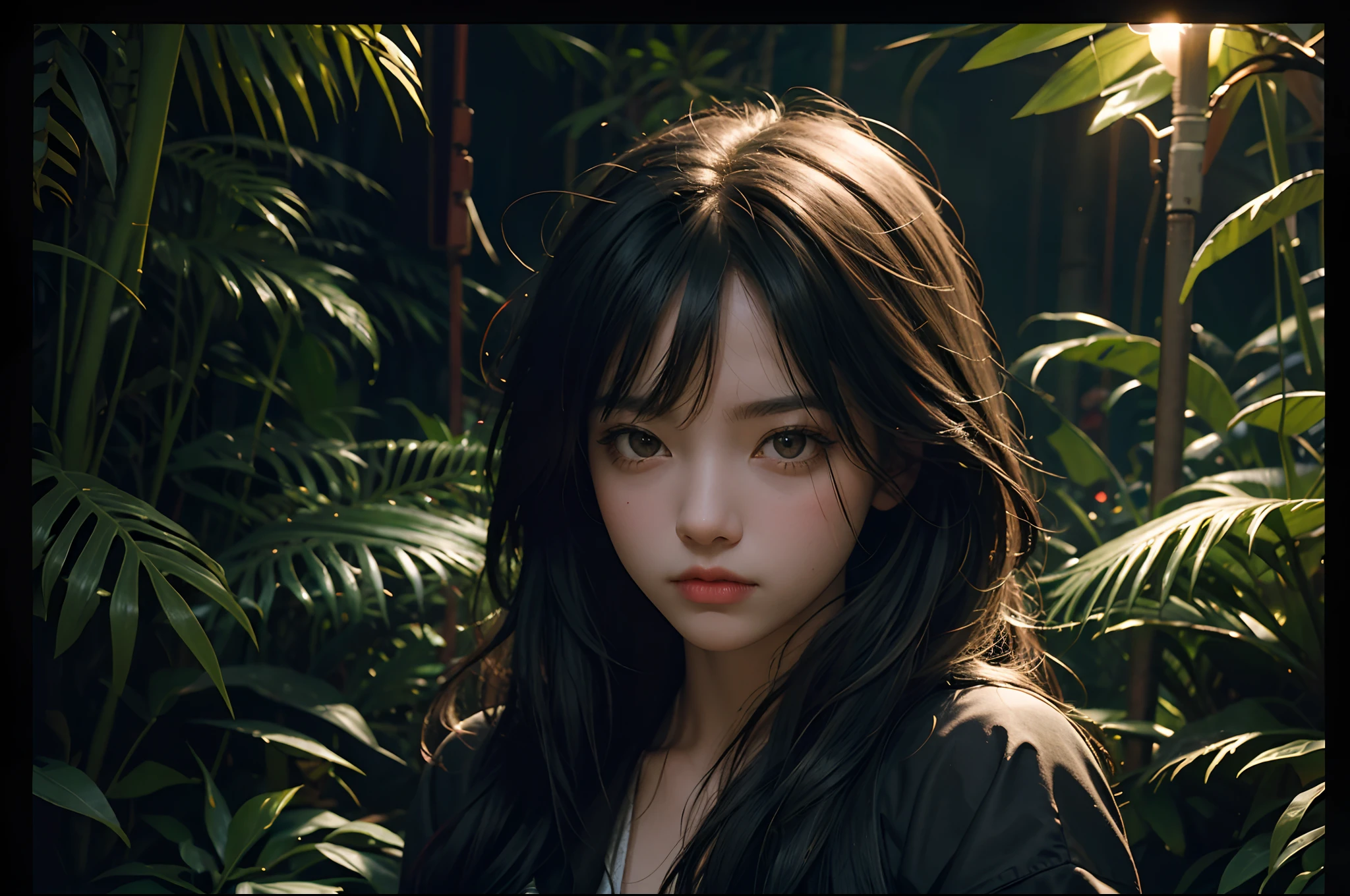 Girl standing in the jungle, cinematic, young, adult, open eyes, cool, looking at his viewer, neon, night light, photoshoot.