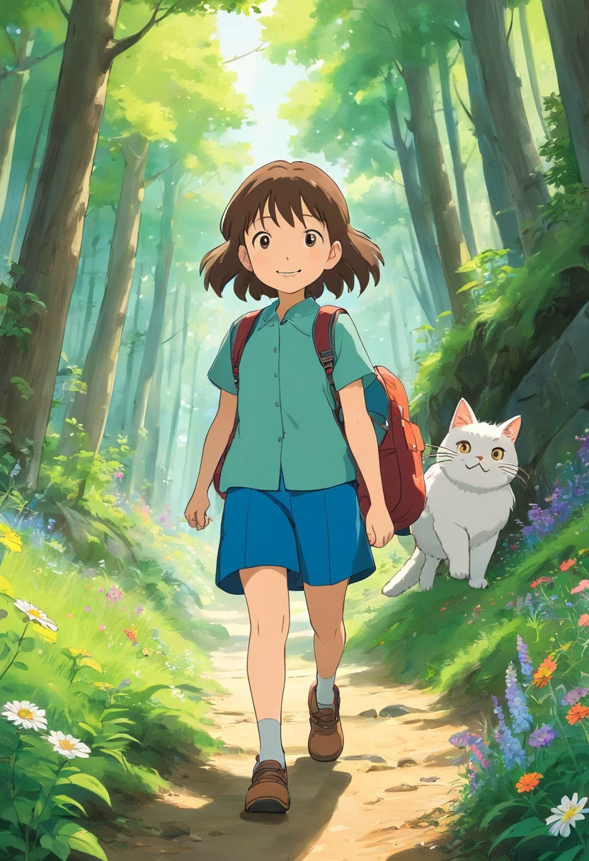 A 6-year-old girl carrying a hiking bag, ssmile, On a forest path, Face the lens, A round-eyed cat followed, wildflowers, Far Mountain, the woods.