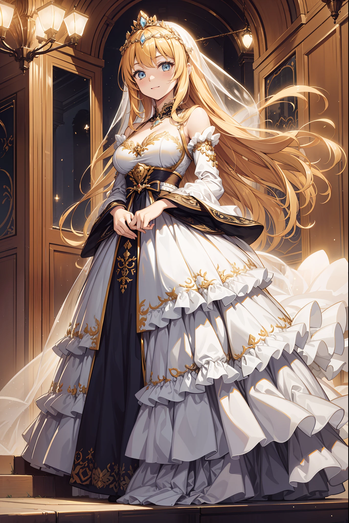 The best princess，Enchanted，opulent，Being in love，divino，(Yellow and white dresses:1.3)，blond hairbl，eBlue eyes，Maximalism，Multiple layers of delicate ruffles，Lots of lace，(Lines on clothes:1.2)，(exquisite costumes:1.1)，(Multi-layered skirt),Princess Crown，see-through transparent clothes，Beautiful detailed face，Movie lighting，the night，solo person，metal decoration，Lace,(Shine:1.2), (Best quality), (Masterpiece:1.2),