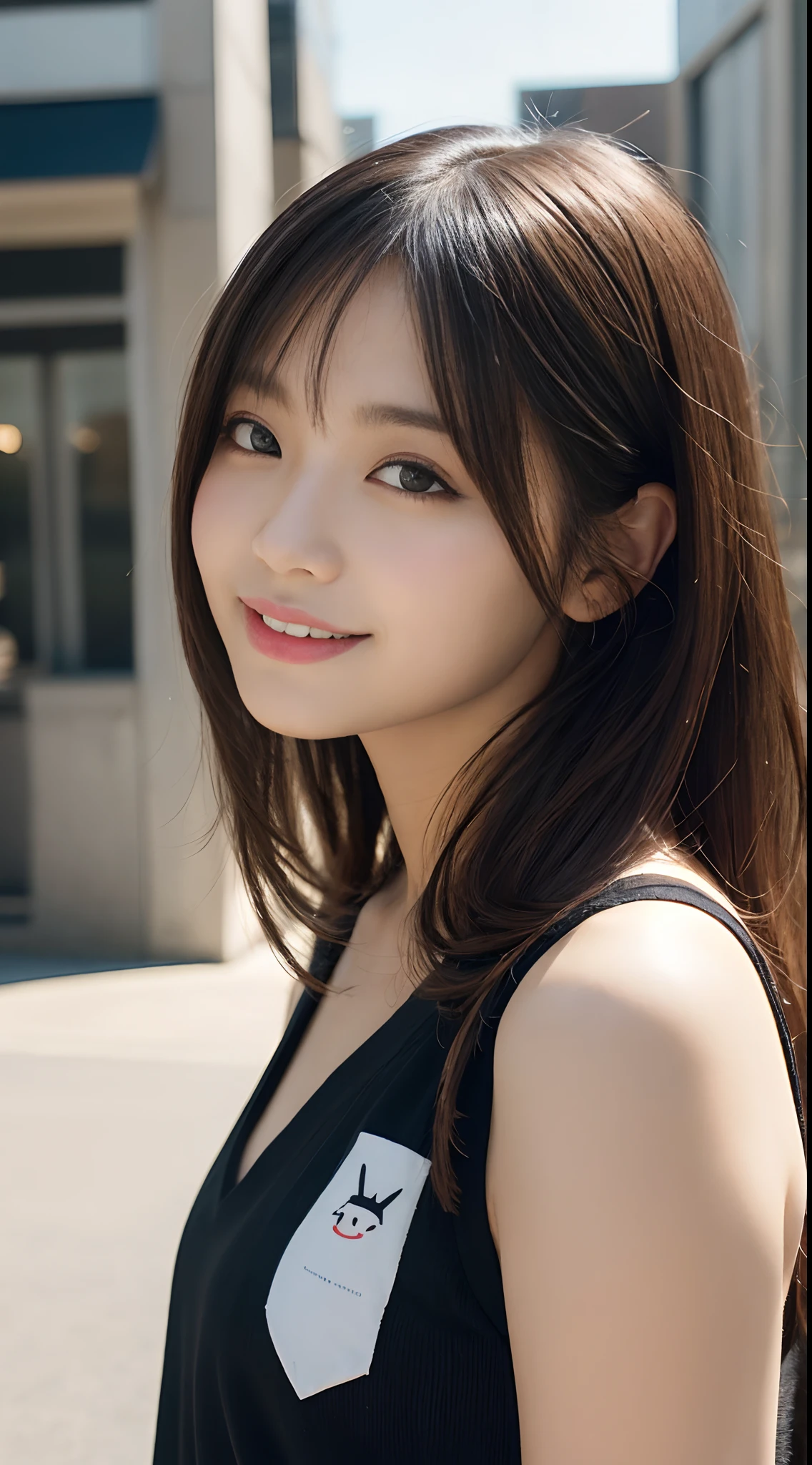 masutepiece, Best Quality, Illustration, Ultra-detailed, finely detail, hight resolution, 8K Wallpaper, Perfect dynamic composition, Beautiful detailed eyes, doress,Medium Hair, Big breasts, Natural Color Lip, Random and sexy poses,Smile,Aoyama Street Walk、20 years girl、A slender