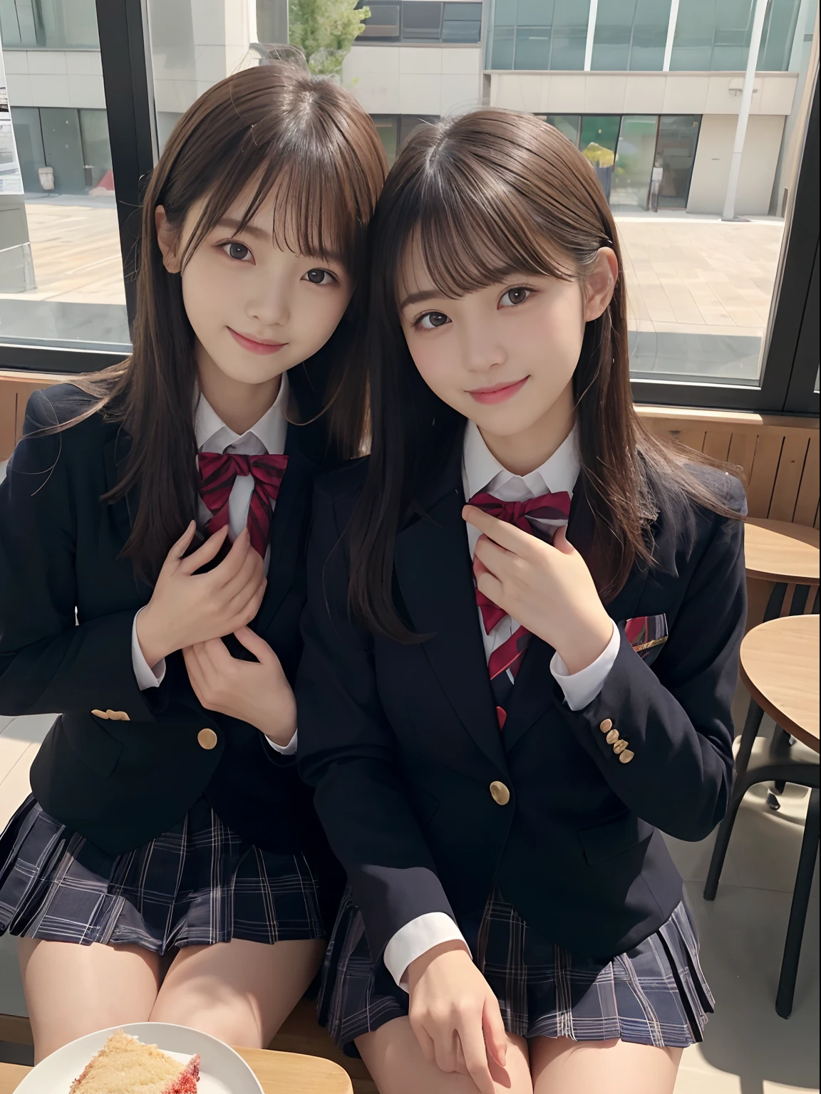 (With two girls with slender small breasts、With one girl with long hair with dull bangs in a winter blazer school uniform、Close up portrait of one girl with short hair in winter blazer school uniform:1.5)、(Sit on a chair、Two girls eat strowberry cake  with little smiles on café terrace:1.3)、(Cafe at night :1.3)、(Perfect Anatomy:1.3)、(complete hands:1.3)、(complete fingers:1.3)、Photorealsitic、Raw photography、masutepiece、top-quality、hight resolution、delicate and pretty、face perfect、Beautiful detailed eyes、Fair skin、Real Human Skin、pores、((thin legs))、(Dark hair)