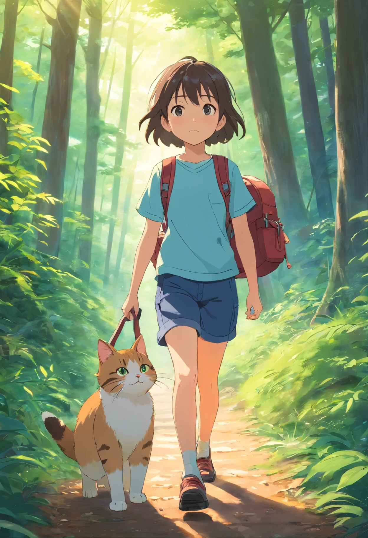 A 6-year-old girl carrying a hiking bag, On a forest path, Face the lens, A round-eyed cat followed, Far Mountain, the woods.