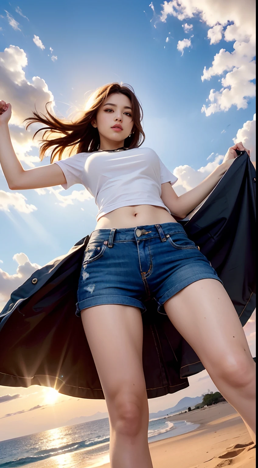 (Shoot from below:1.5), Rear Angle, (From below :1.4), (Crotch focus:1.2), (low angles:1.2), BREAK, top-quality, masterpiece, Photonic style, high-detail, 16k picture quality, Turning around, beautiful a girl, Depicts the whole body, Standing with open legs, plump big breasts, Constricted waist, white short sleeves T-shirt, Sheer , Denim shorts, Navel Ejection, Red sky, Madder clouds, Dazzling sunset light, suns, Red Sea, sand beach, Splash,