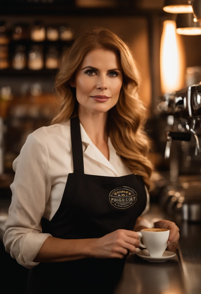 Sarah Gray Rafferty as a coffee barista, open shirt to show cleavage, no bra, detailed eyes and face, beautiful detailed lips, long eyelashes, confident expression, stylish outfit, black apron, holding a coffee cup, standing behind the coffee counter, surrounded by a variety of coffee beans, steam rising from the espresso machine, latte art on the coffee cups, well-lit with warm studio lighting, vibrant colors, realistic portrait style. (best quality, highres), (portrait, coffee, barista, confident expression), (detailed, realistic:1.37), (stylish outfit, black apron), (coffee counter with various beans, espresso machine with steam), (latte art, coffee cups), (studio lighting, warm colors).