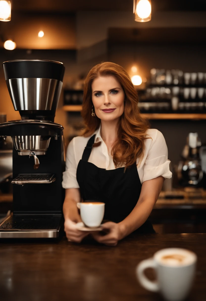 Sarah Gray Rafferty as a coffee barista, open shirt to show cleavage, no bra, detailed eyes and face, beautiful detailed lips, long eyelashes, confident expression, stylish outfit, black apron, holding a coffee cup, standing behind the coffee counter, surrounded by a variety of coffee beans, steam rising from the espresso machine, latte art on the coffee cups, well-lit with warm studio lighting, vibrant colors, realistic portrait style. (best quality, highres), (portrait, coffee, barista, confident expression), (detailed, realistic:1.37), (stylish outfit, black apron), (coffee counter with various beans, espresso machine with steam), (latte art, coffee cups), (studio lighting, warm colors).