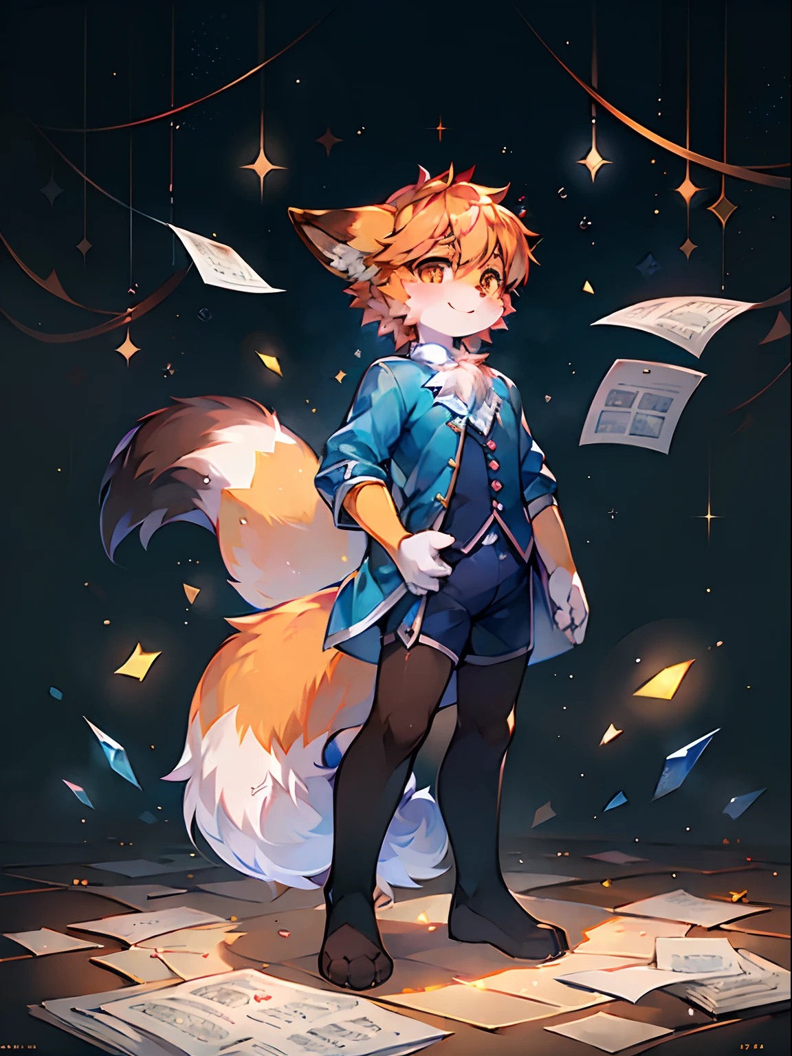 a fox，sky blue shirt，Fluffy tail，adolable，Shota，music sheets，are standing，There is light in the eyes，Scattered paper，Scattered paper floated in the air，Crystal pupils，shinning eyes，starlights，As estrelas，glitters，Orange pupils，confident smile，