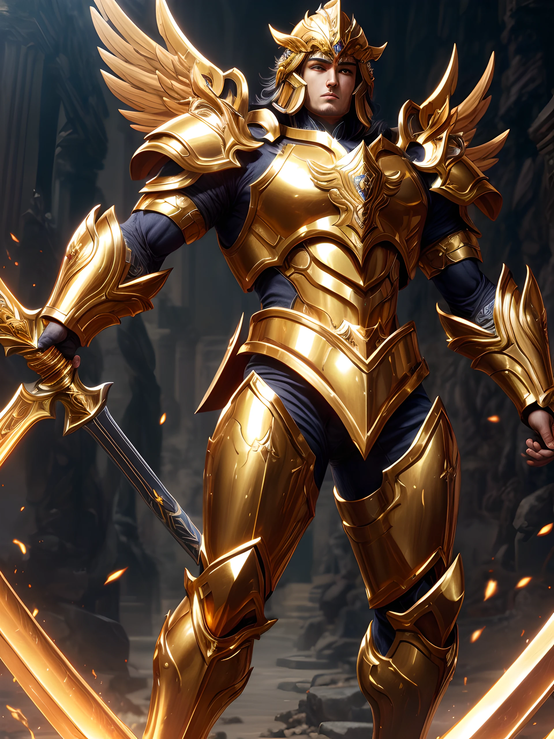 Top Quality, Photorealistic, 8K, High Definition, absurd res, high res, ultra sharp, masterpiece, (masterpiece), best quality, expressive eyes, perfect face, Super eyes, masterpiece, highly detailed exquisite character art, epic fantasy digital art style, detailed digital 2d fantasy art, a man in armor with a sword and a gold outfit, unreal engine render saint seiya, greek god in mecha style, angelic golden armor, beautiful full body concept art, heroic fantasy character concept, golden armor, gold paladin, concept art of a warrior, concept art of god, epic exquisite character art, golden and copper armor, revealing golden armour