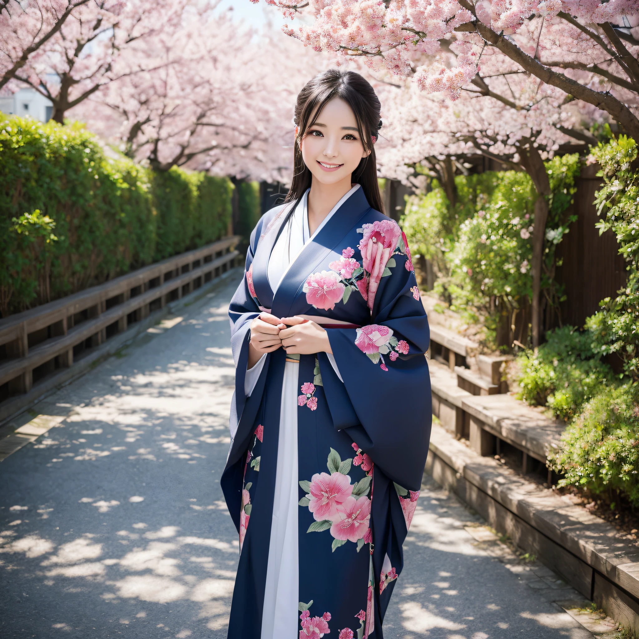 (Super beautiful woman in kimono)、((best qualtiy、8k masterpieces:1.3))、foco nítido:1.2、(ultra beautiful faces:1.0)、(shinny skin:1.0)、photos realistic、A dark-haired、Video Lighting、High-definition eyes and face、Video Lighting、Japanese actressl、from the front side、medium breasts、With a happy smile、Slender Abs Beauty、Whole body、wearing kimonos、Under the cherry