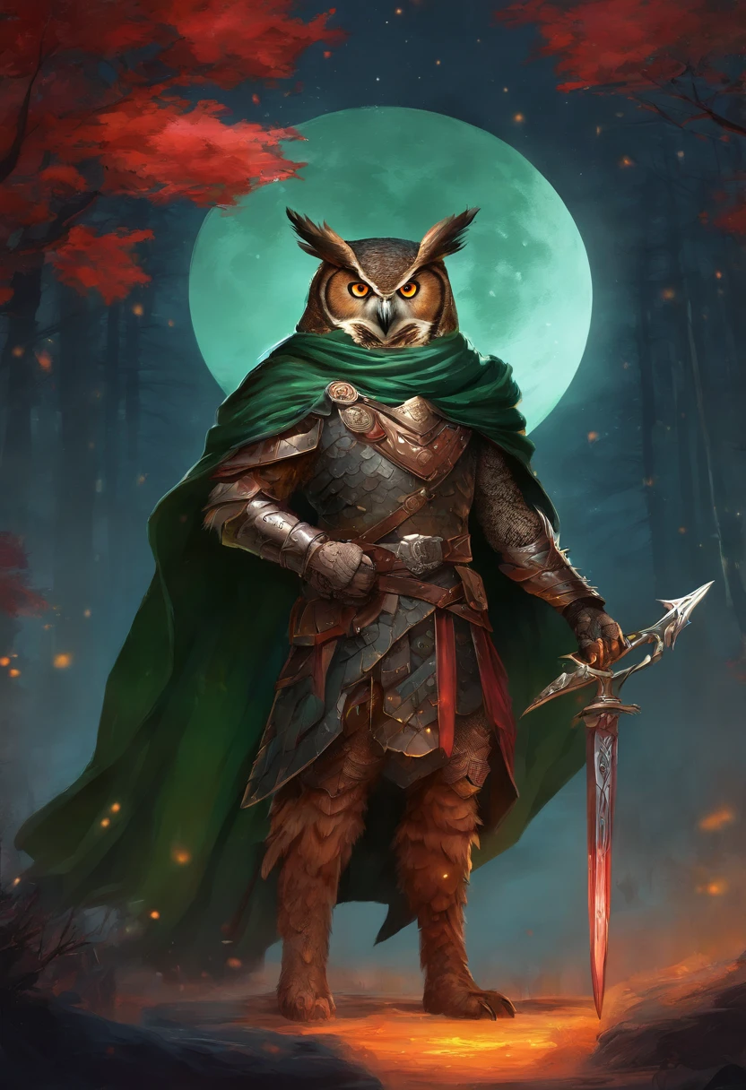 Anthropomorphic great horned owl wearing black leather armor a dark green cloak and a red scarf holding a dagger. Dark forest at night in front of a huge moon