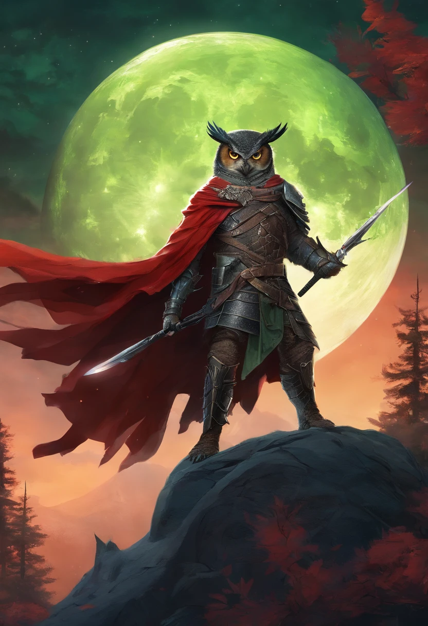 Anthropomorphic great horned owl wearing black leather armor a dark green cloak and a red scarf holding a dagger. Dark forest at night in front of a huge moon