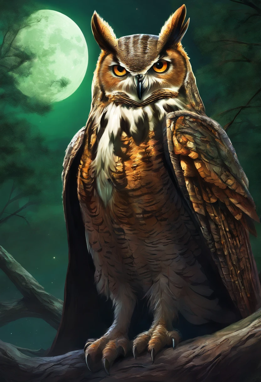 Anthropomorphic great horned owl wearing black leather armor a dark green cloak and a red scarf holding a dagger. Dark forest at night in front of a huge moon