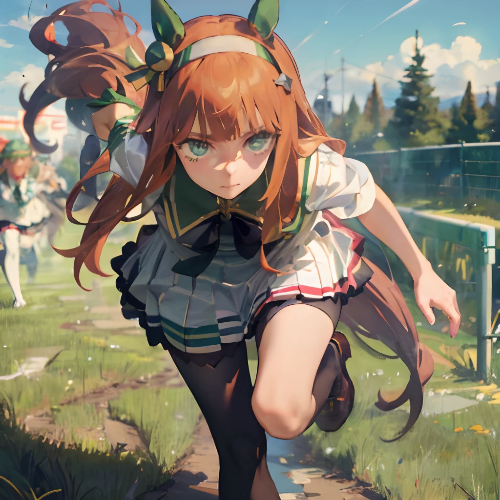 Masterpiece, Best Quality,  close up, face shot,
silence suzuka \(umamusume\),, white skirt, pleated skirt, black tights, white bra with patches, black bow, running, Loose grass, heel, Butt view, full length, Srusy