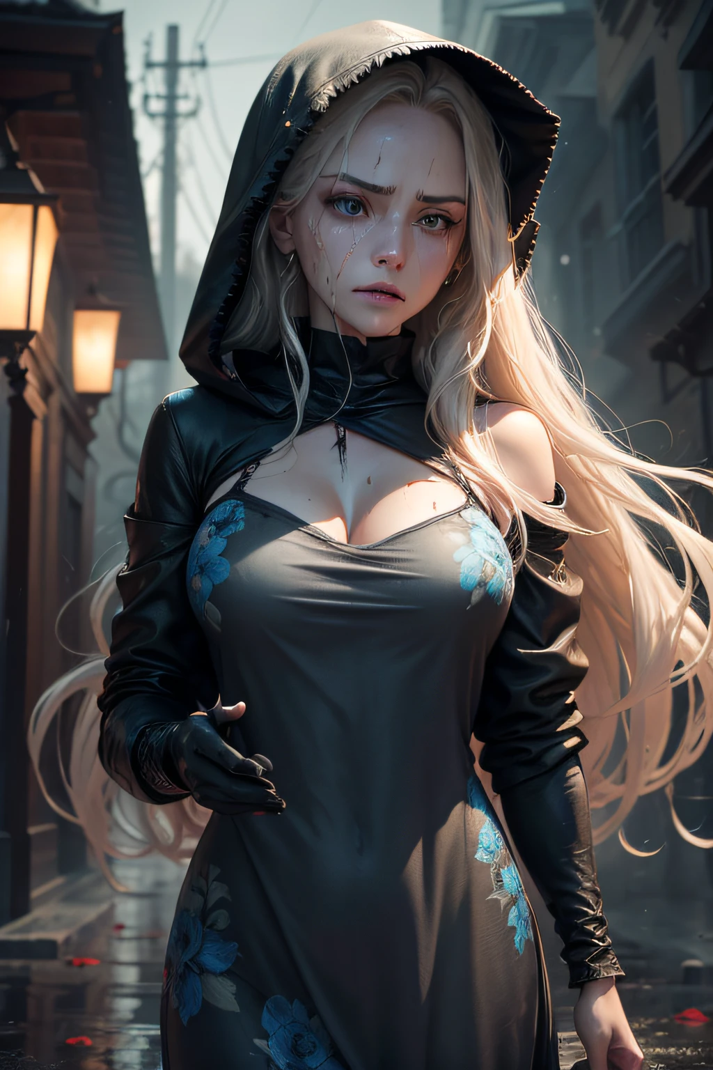 A horror picture of A slender adult vampire woman with large breasts, With wavy wet blonde hair wearing a wet, blood soaked, light blue flower print ripped sundress that clung to her blood covered body. She has a worried look in her eyes as she is crying. fang's showing from her mouth. Mascara running down her face. A tear rolling down one cheek. the background is in the city at nite 12 am. Rain falling from the sky. She has black hoodie on. The hood over her head. A long dagger held in one hand. (masterpiece, best quality), (blue eyes), (perfect hands), (High Resolution), (Absurd resolution), (Hyper realistic), (Hyper definition), (Ultra realistic), (HD Resolution), ((detailed face)), ((award-winning)), (high detail), (Sharp,) (8k resolution,) (Cinematic lighting), (soft lighting), (Eye contact), (Hyperdetailed) (Photorealistic) (green eyes), (Blood on cloths), (Blood on body), (Blood in hair), (Blood on knife),