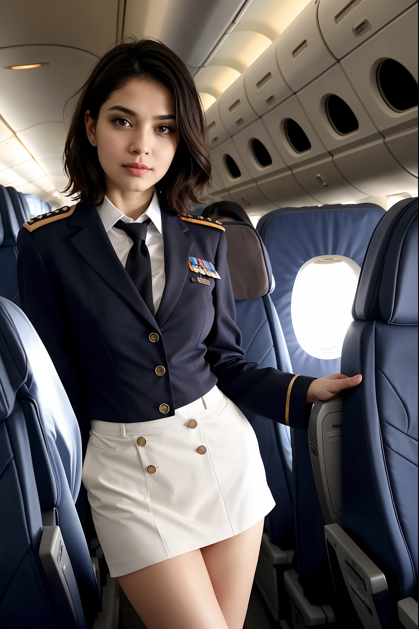((masterpiece, best quality)), beautiful 40-year-old Pakistani woman (Chloe Grace Moretz:Milla Jovovich:0.5), (brown- black hair, bob hairstyle, square face), (medium breasts), (curvy, muscular body), (natural skin), legs, (plunging stewardess uniform:1.3), (seductive expression:1.2), jewelry, standing, various poses, empty passenger plane cabin background, (UHD, 8K wallpaper, High resolution), Cinematic lighting, physically-based rendering, award-winning, extremely detailed skin, extra detailed face, high detail eyes, Carl Zeiss 85 mm F/1.4, by Ellen von Unwerth