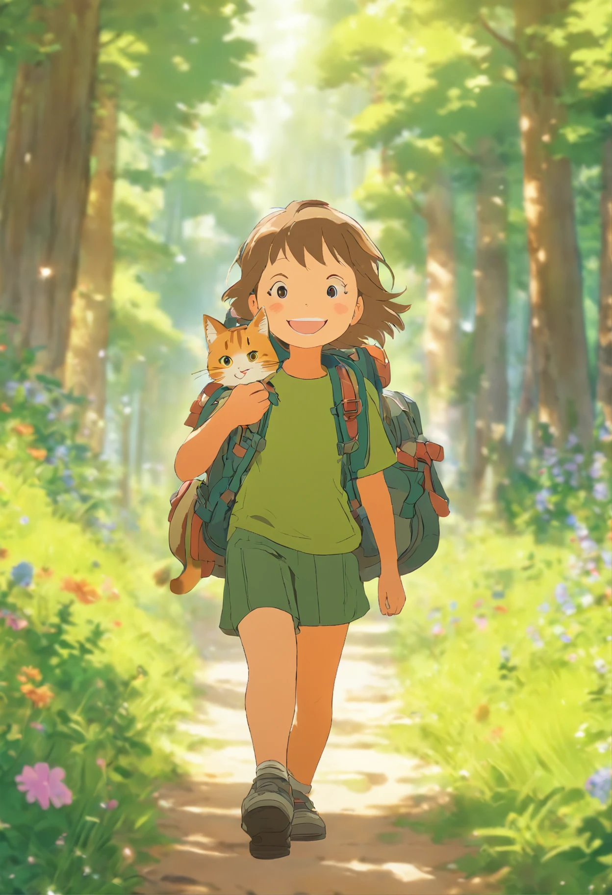 A 6-year-old girl carrying a hiking bag, ssmile, On a forest path, Face the lens, A round-eyed cat followed, wildflowers, Far Mountain, the woods.