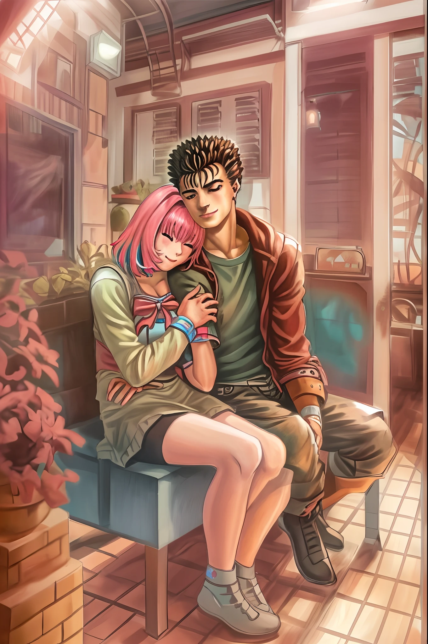 riamu,guts,couple,husband and wife,love dovey couple,sitting,hug,kiss,smile,masterpiece:1.2,ultra-detailed,realistic:1.37,portraits,vivid colors,warm tones,soft lighting