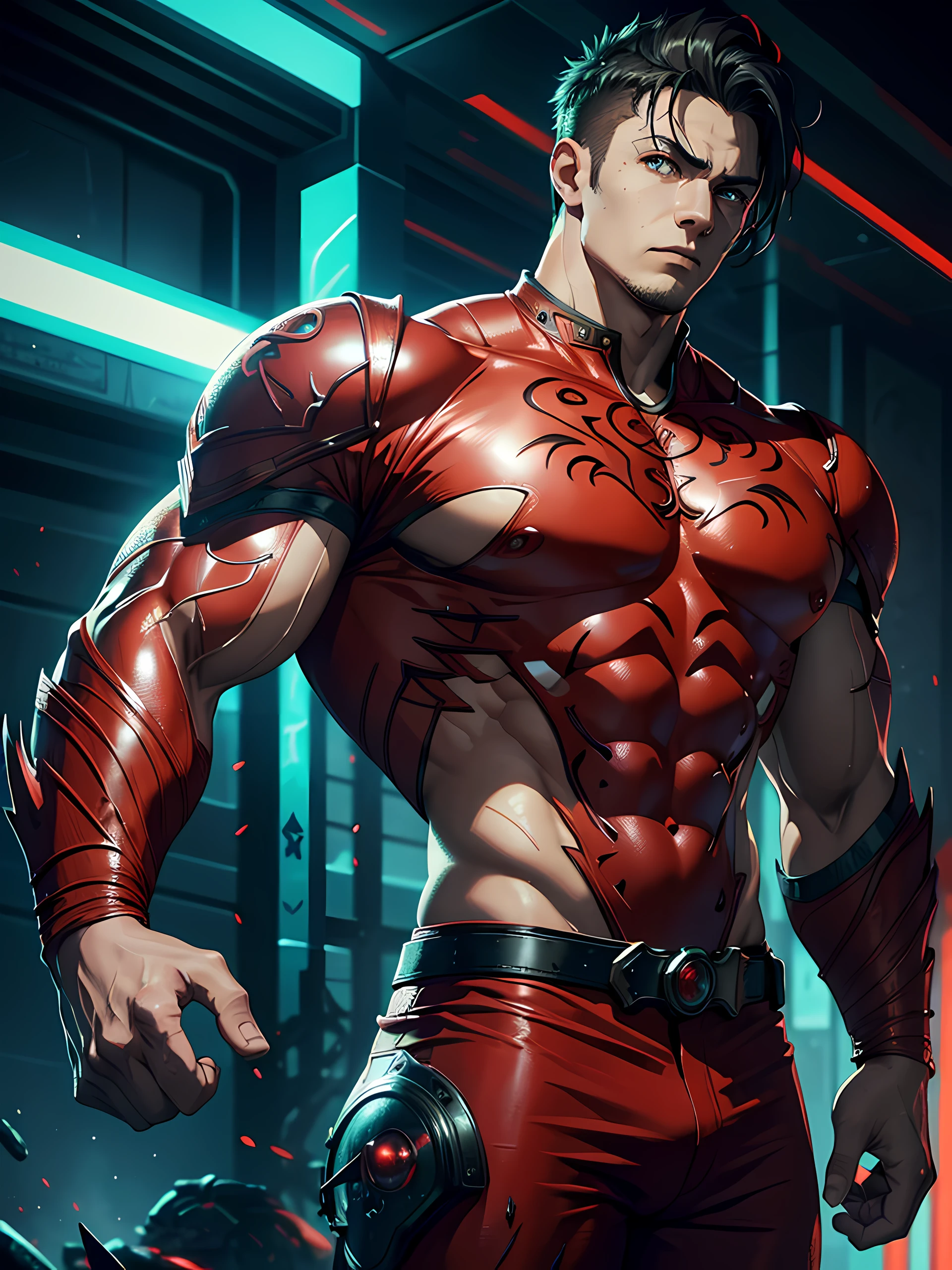 Top Quality, Photorealistic, 8K, High Definition, absurd res, high res, ultra sharp, masterpiece, (masterpiece), best quality, expressive eyes, perfect face, Super eyes, masterpiece, highly detailed exquisite character art, epic fantasy digital art style, detailed digital 2d fantasy art, there is a man with a red shirt standing in a room, muscular! cyberpunk, red scales on his back, red and cinematic lighting, green body. red eyes, muscular!! sci-fi, colorful muscular eldritch, with glowing runes on the body, intricate body, intricate upper body, glowing red veins, altered carbon style, red glowing skin