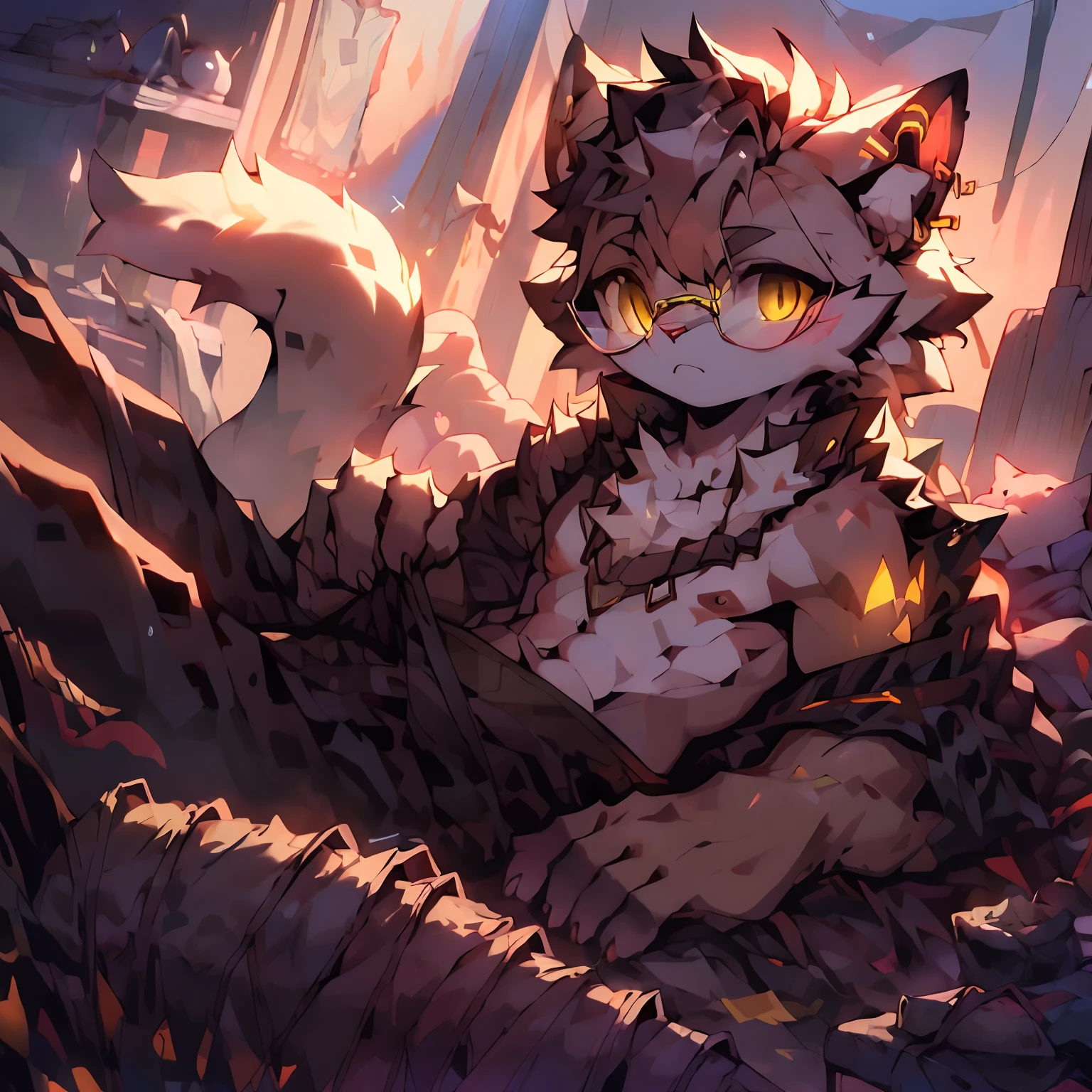 hairy chest,Male cats,Black and white fur,Golden eyes,Wearing gold wire glasses, Waking up,Natural light