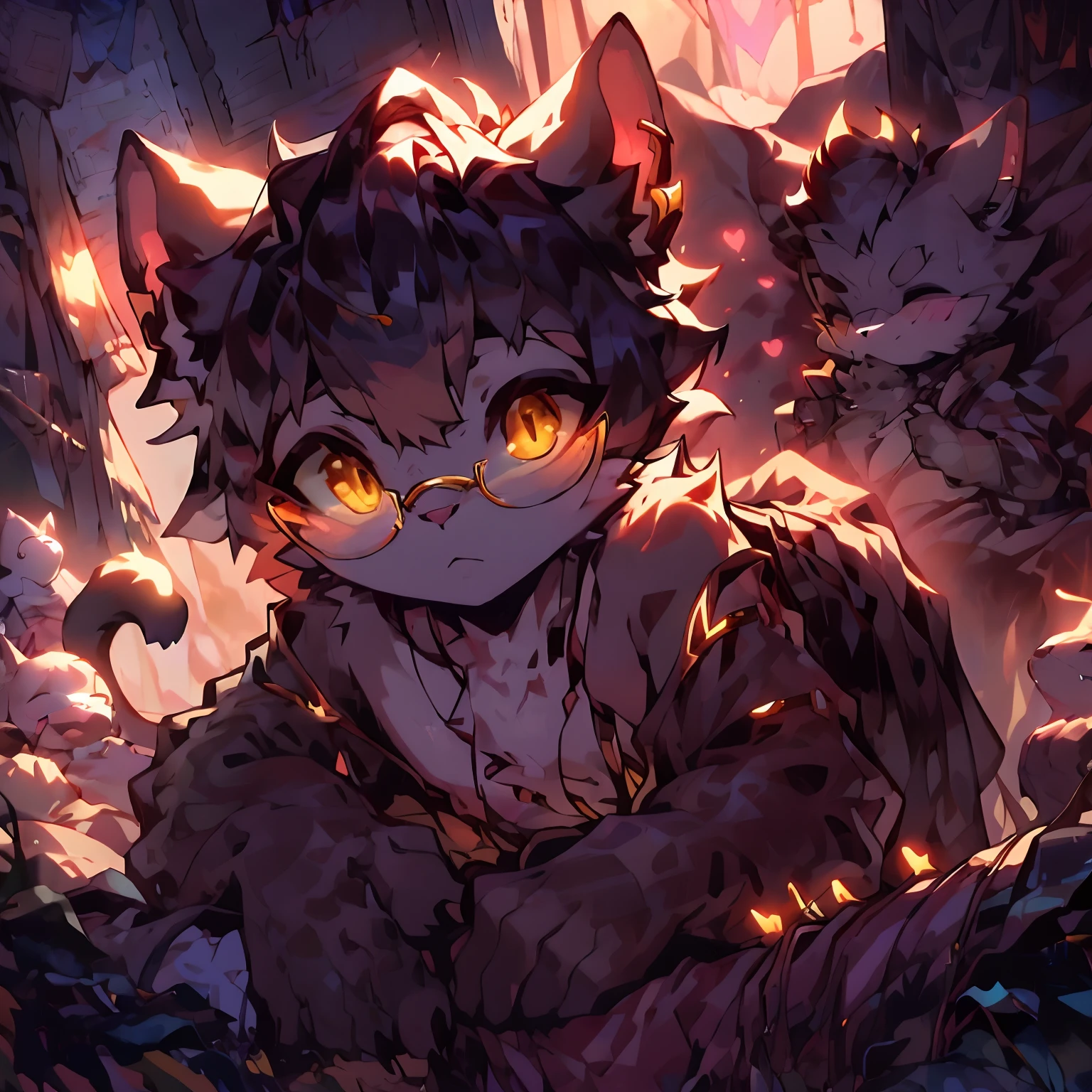 hairy chest,Male cats,Black and white fur,Golden eyes,Wearing gold wire glasses, Waking up,Natural light