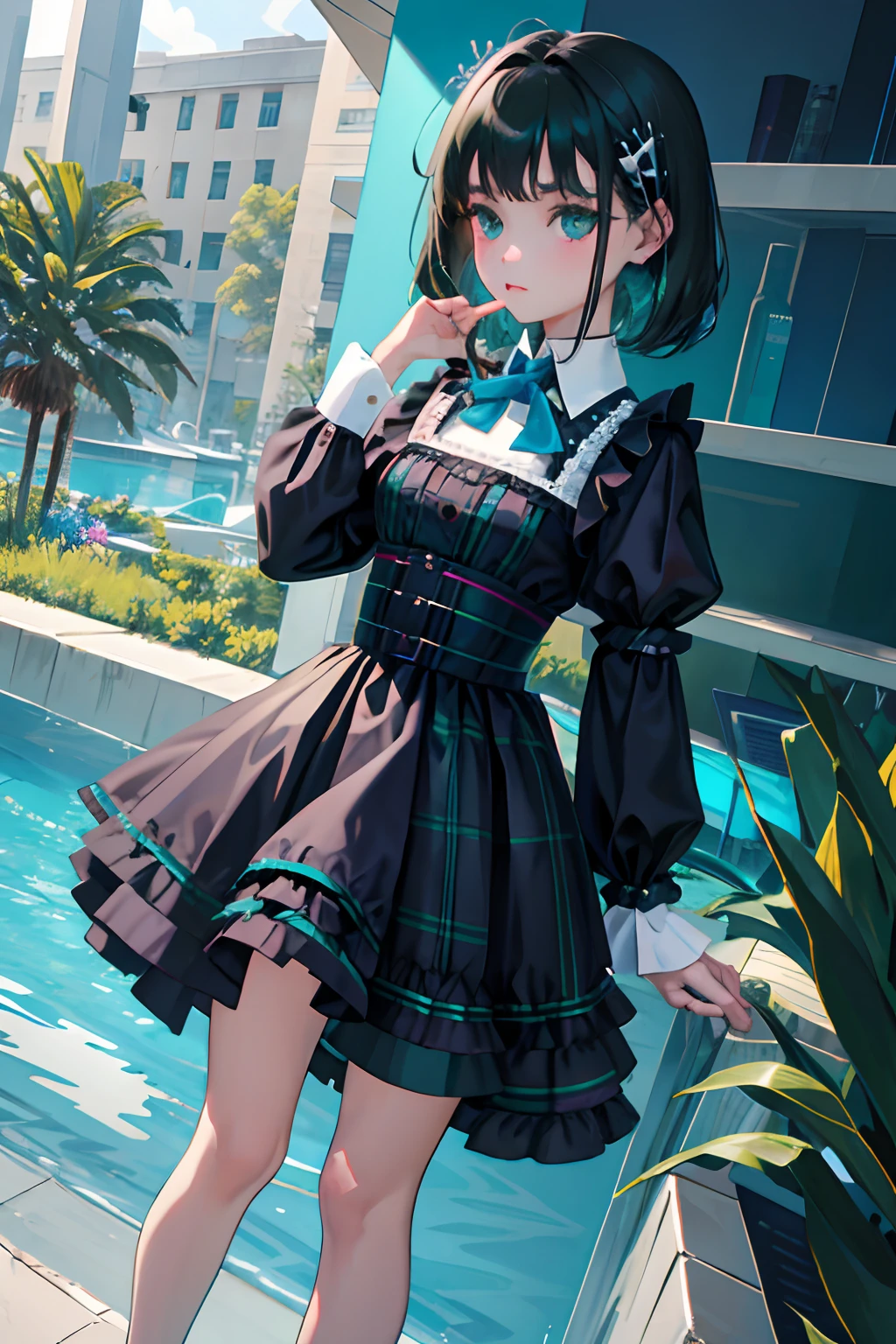 Standing，Knees，Curtsey，lift up one's skirt，(child:1.4)，（​masterpiece，Highest Quality），(Blue-green goth spank，Burberry Plaid)，Sleepy face，A dark-haired，swimming pools