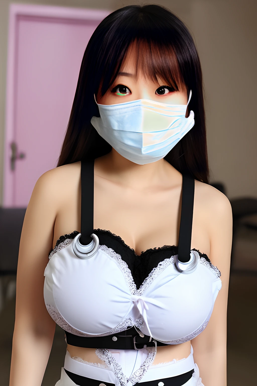 big breastes, very large breasts, wearing a medical mask, in a mine skirt,