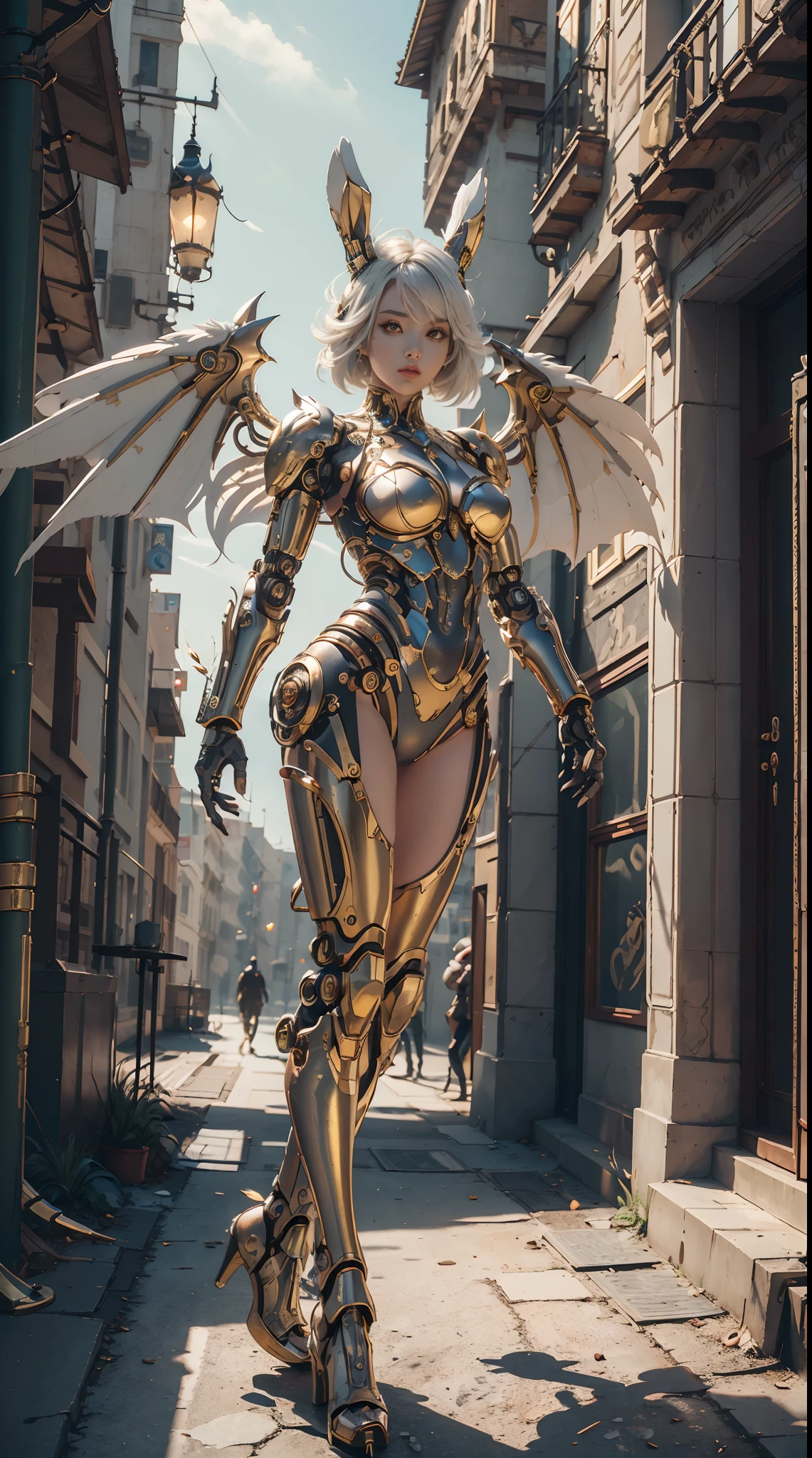 wide wide shot,(Best quality,Masterpiece:1.2),(cyborg people), Rabbit ears,Colored hair,(She has a pair of huge feathered wings behind her shoulders),gold,perfectly proportions,(Her metal mechanical limbs),(Footwear),Slim,Shiny metal。(Facing the lens,Central symmetry),standing on your feet,(futuristic street),Vibrant colors,The lighting is dramatic, Bright areas contrast strongly with deep shadows, creating a sense of depth and dimension. The overall composition is vibrant and captivating, Grace, There is also a touch of mystery.