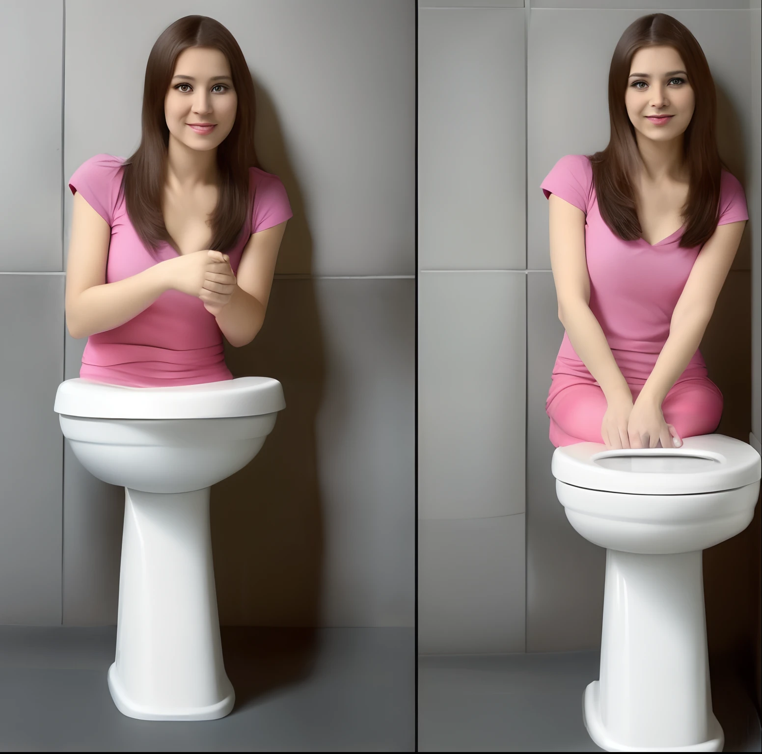 A cute naked woman is sitting on a toilet pooping hard