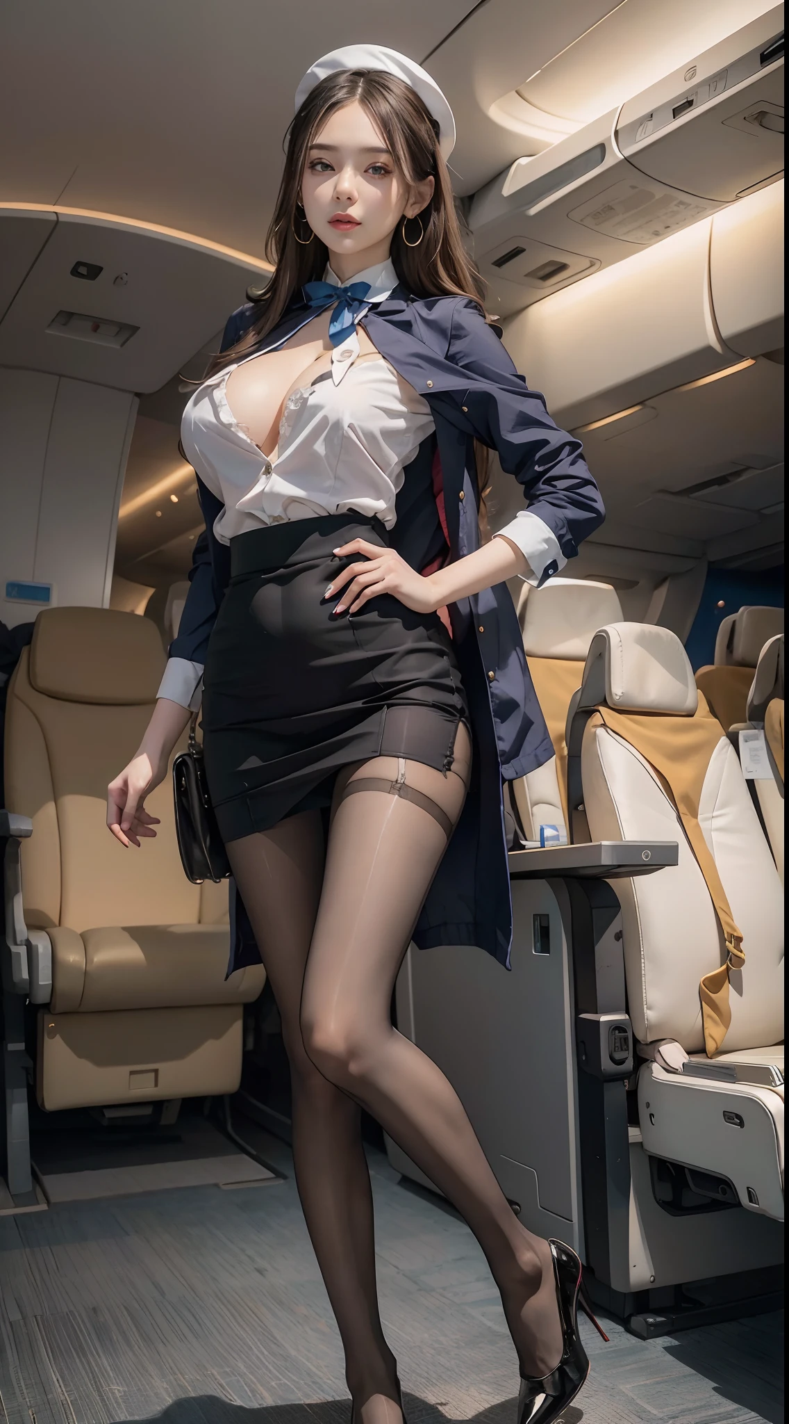 (From the outside) , many color,Best quality at best,8K,real photograph,Delicate skin details,tmasterpiece,photograph of-realistic,Complicated details,RAW photogr,ssmile,florals,stewardess,sockes,Extra-long hair,cropped shoulders,delicated face,Expose cleavage,Hainan Airlines,Flight attendant professional attire,Manteau,a skirt,decorations,Perfect Finger,Dissection is correct,(Huge room,0.8),big cuvy hips,shiny skins,Shooting from front
(Masterpiece), Best quality, Highest quality, Detailed and intricate, Original, full bodyesbian, A high resolution,
(),Extremely detailed_Eyes, Sexy breasts,
Simple Diamond Earrings, Detailed skin,
finger nails, Beautiful fingers,
((Flight attendant uniform)), (Black pantyhose:1.1), Black high heels, Black short skirt uniform, in an airplane((inside airplane:1.2, Motion capture)), Back view, Perfect anatomy,