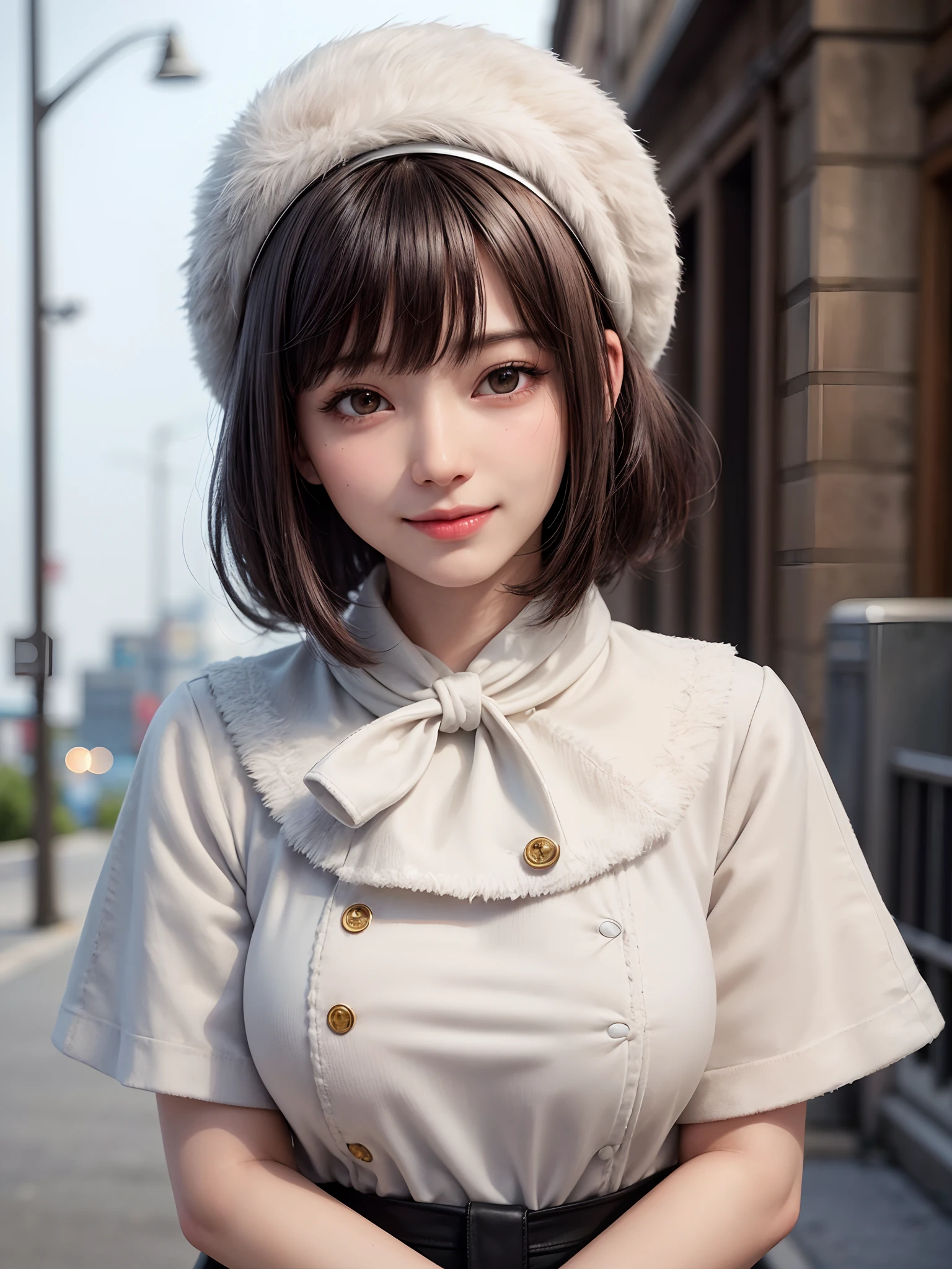 (masterpiece, top-quality),1girl in, 独奏, A dark-haired, scarf, Hats, realisitic, looking at the viewers, black eyes of light color, shorth hair, coat, Winter clothes, White headscarf, s lips, lipgloss,bangss,, a closed mouth, The upper part of the body、big eye、Lashes、((Street))、((Glossy short hair with bangs、big eye、Put very strong highlights in your students、very Bigger breasts、gazing at viewer、Very beautiful beauty、Put your ears out、long neck、little smiling、Close your mouth and smile、Beautiful woman full of adult charm)))、