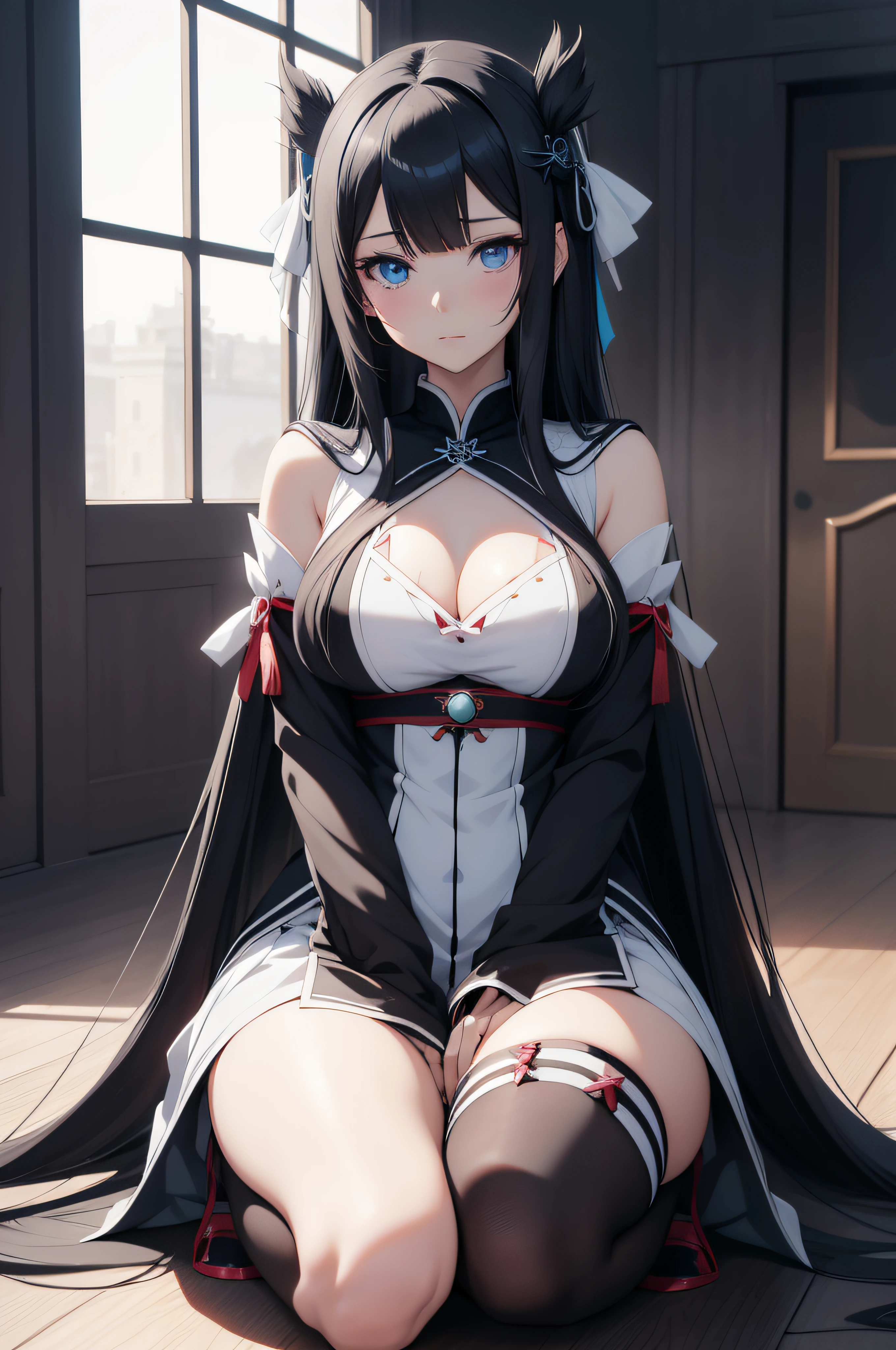 anime girl with long black hair and blue eyes posing for a picture, seductive anime girl, hestia, anime goddess, noire, black - haired mage, full body xianxia, by Jin Homura, noire photo, gothic maiden anime girl, beautiful anime girl squatting, beautiful alluring anime woman, smooth anime cg art, mayuri shiina